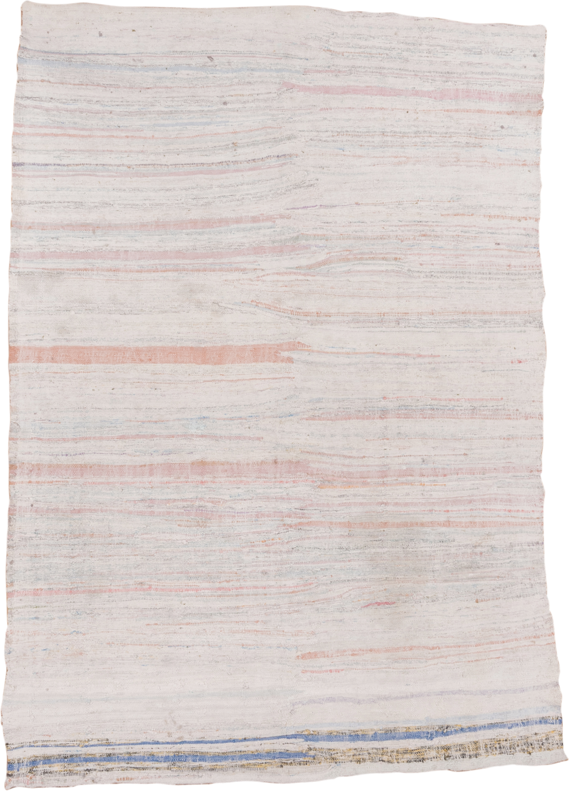 5' x 7' one-of-a-kind handmade antique Rag Rug rug. Color palette: ivory, blush, pale blue, peach, taupe, pink, light blue