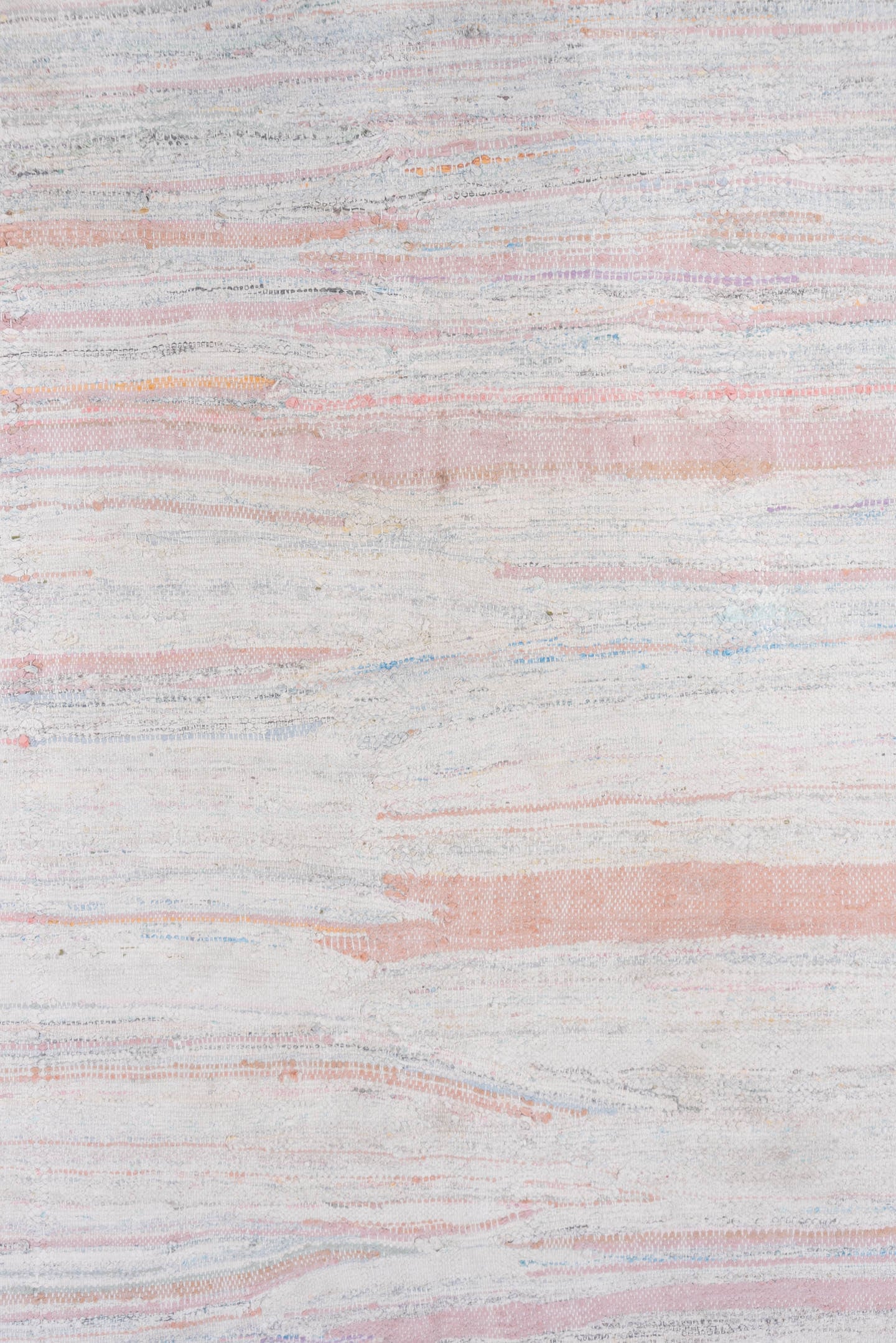 5' x 7' one-of-a-kind handmade antique Rag Rug rug. Color palette: ivory, blush, pale blue, peach, taupe, pink, light blue
