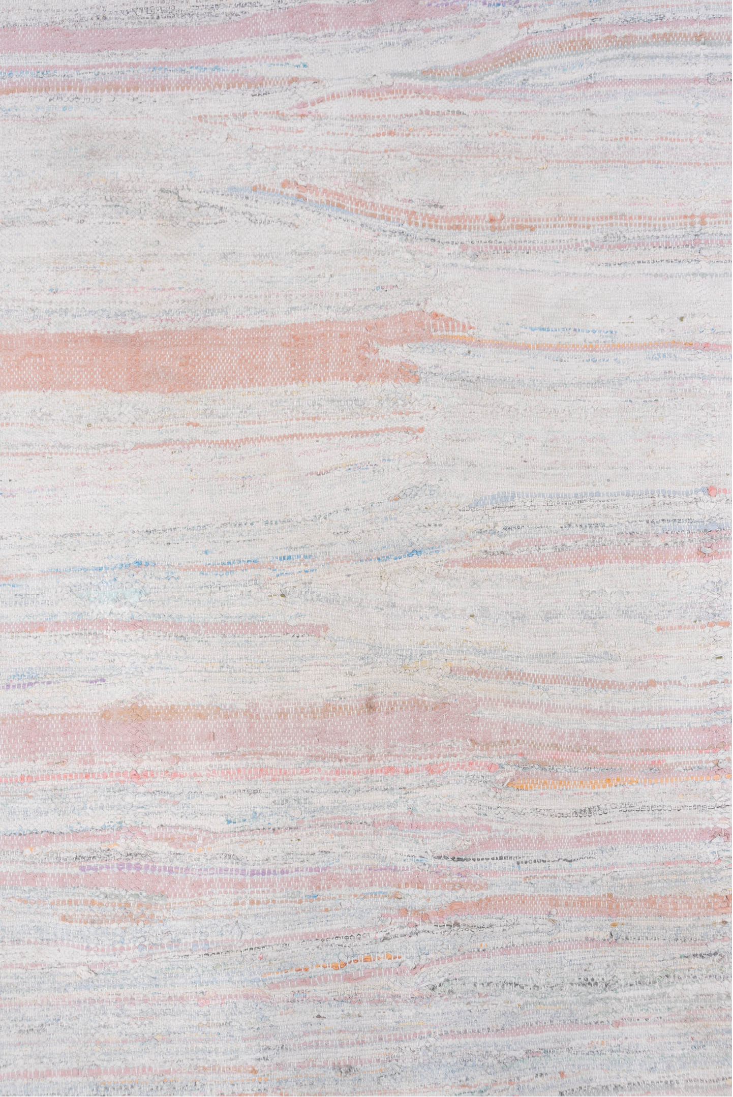 5' x 7' one-of-a-kind handmade antique Rag Rug rug. Color palette: ivory, blush, pale blue, peach, taupe, pink, light blue