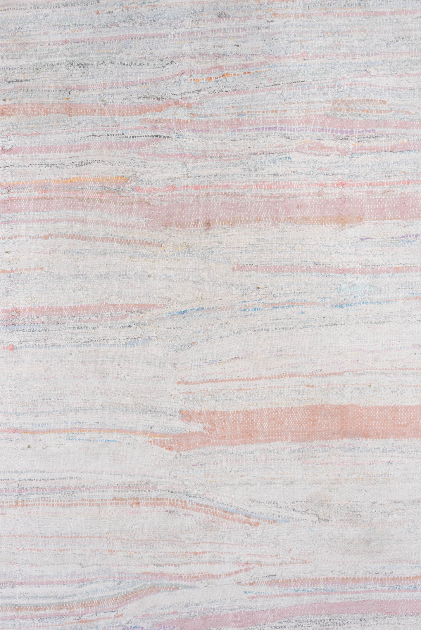 5' x 7' one-of-a-kind handmade antique Rag Rug rug. Color palette: ivory, blush, pale blue, peach, taupe, pink, light blue