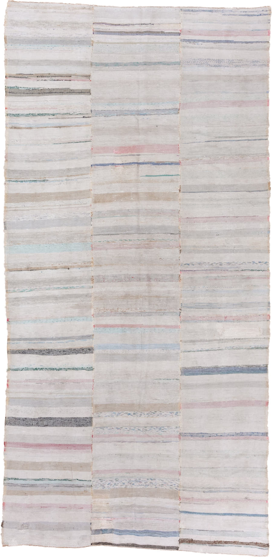 5' x 11' one-of-a-kind handmade antique Rag Rug rug. Color palette: ivory, pale blue, blush, taupe, charcoal, aqua