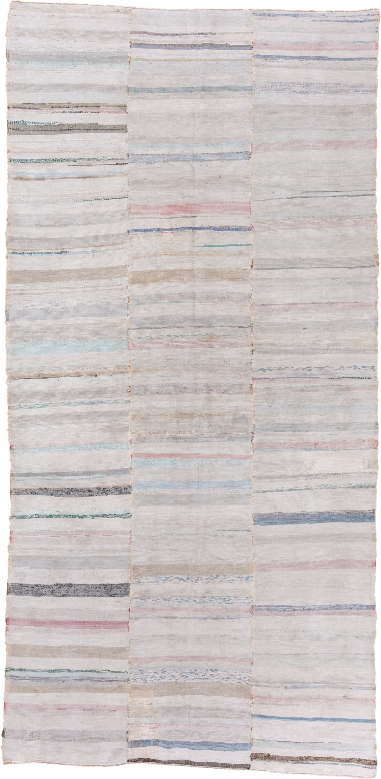 5' x 11' one-of-a-kind handmade antique Rag Rug rug. Color palette: ivory, pale blue, blush, taupe, charcoal, aqua