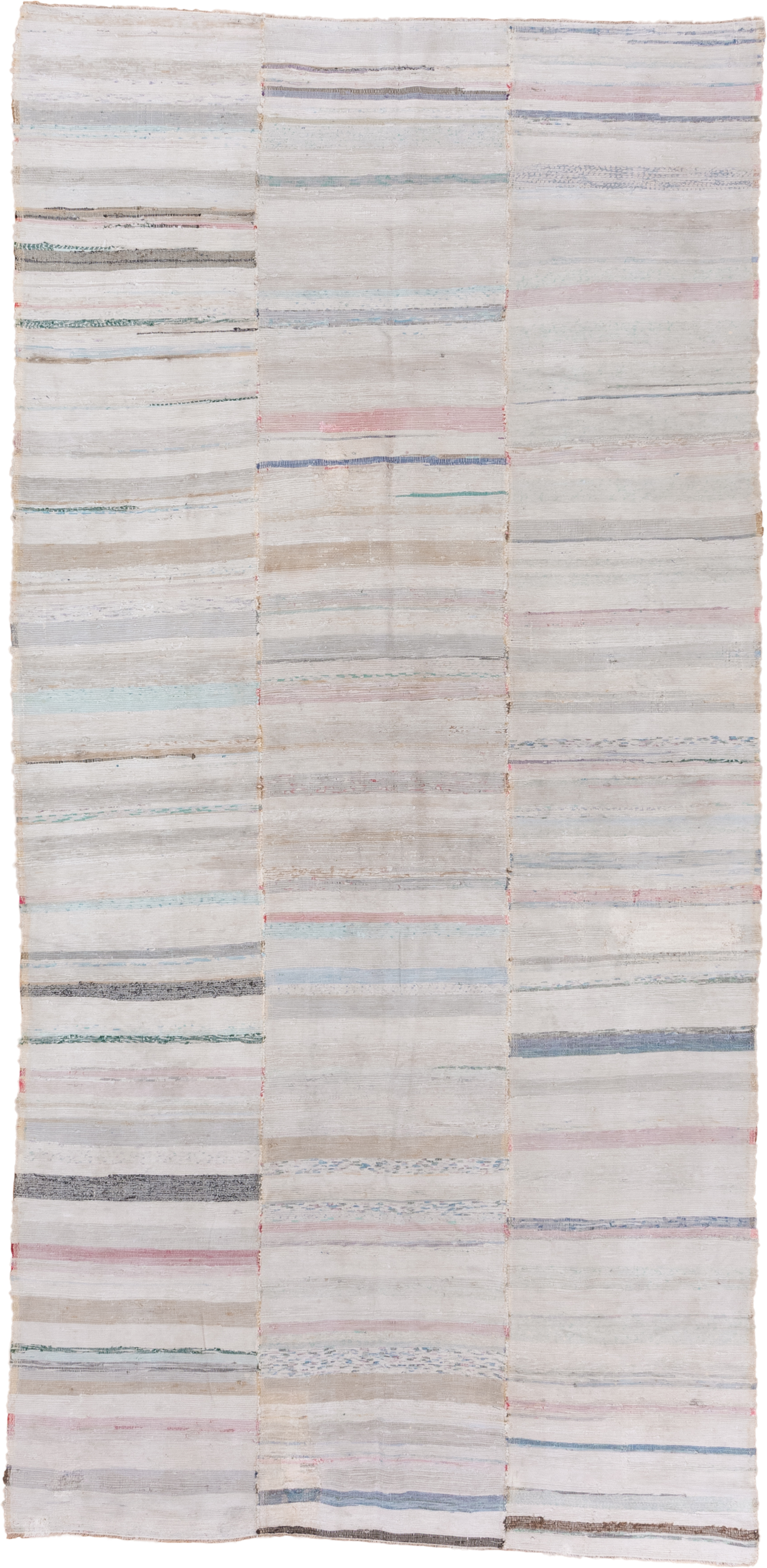 5' x 11' one-of-a-kind handmade antique Rag Rug rug. Color palette: ivory, pale blue, blush, taupe, charcoal, aqua