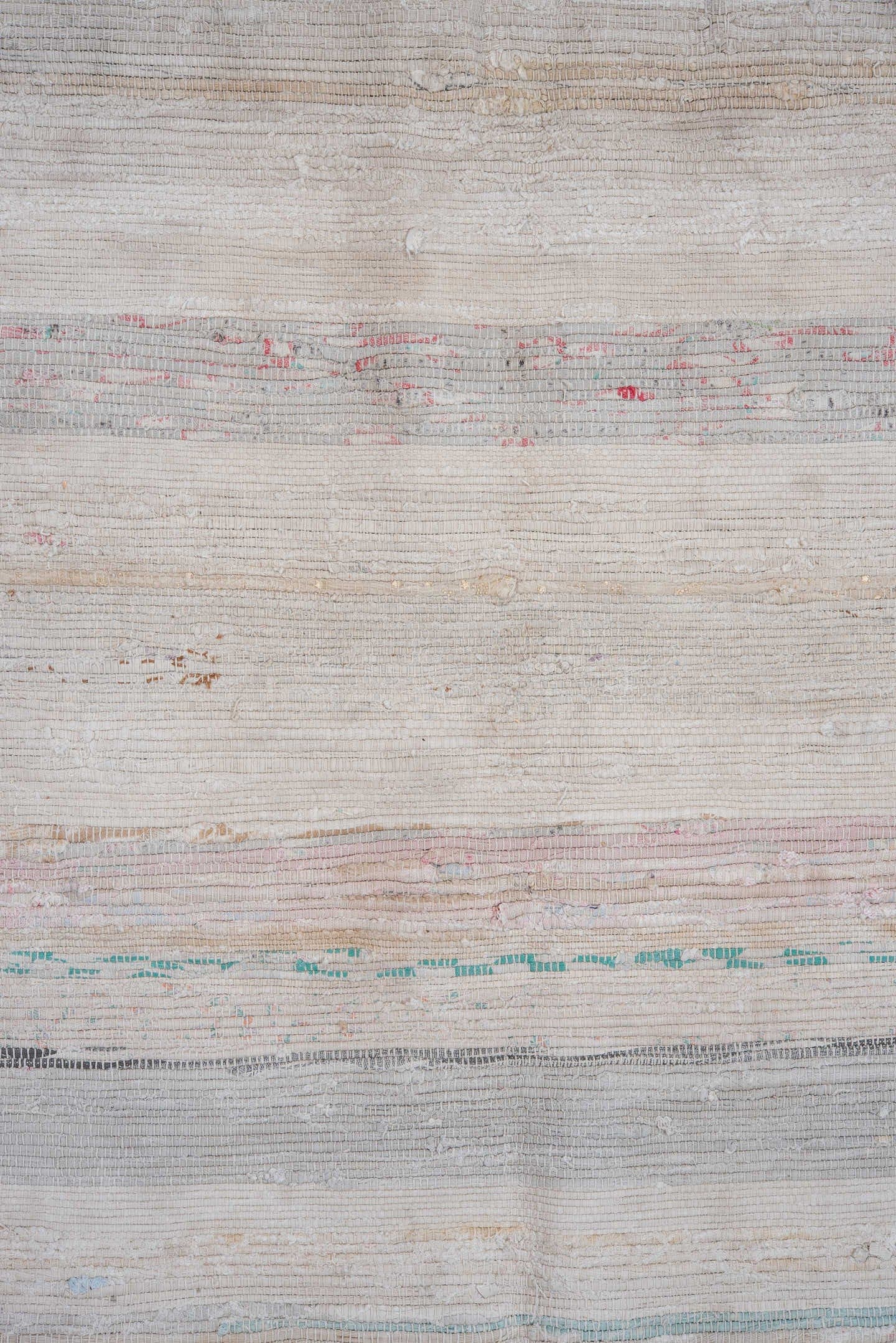 5' x 11' one-of-a-kind handmade antique Rag Rug rug. Color palette: ivory, pale blue, blush, taupe, charcoal, aqua