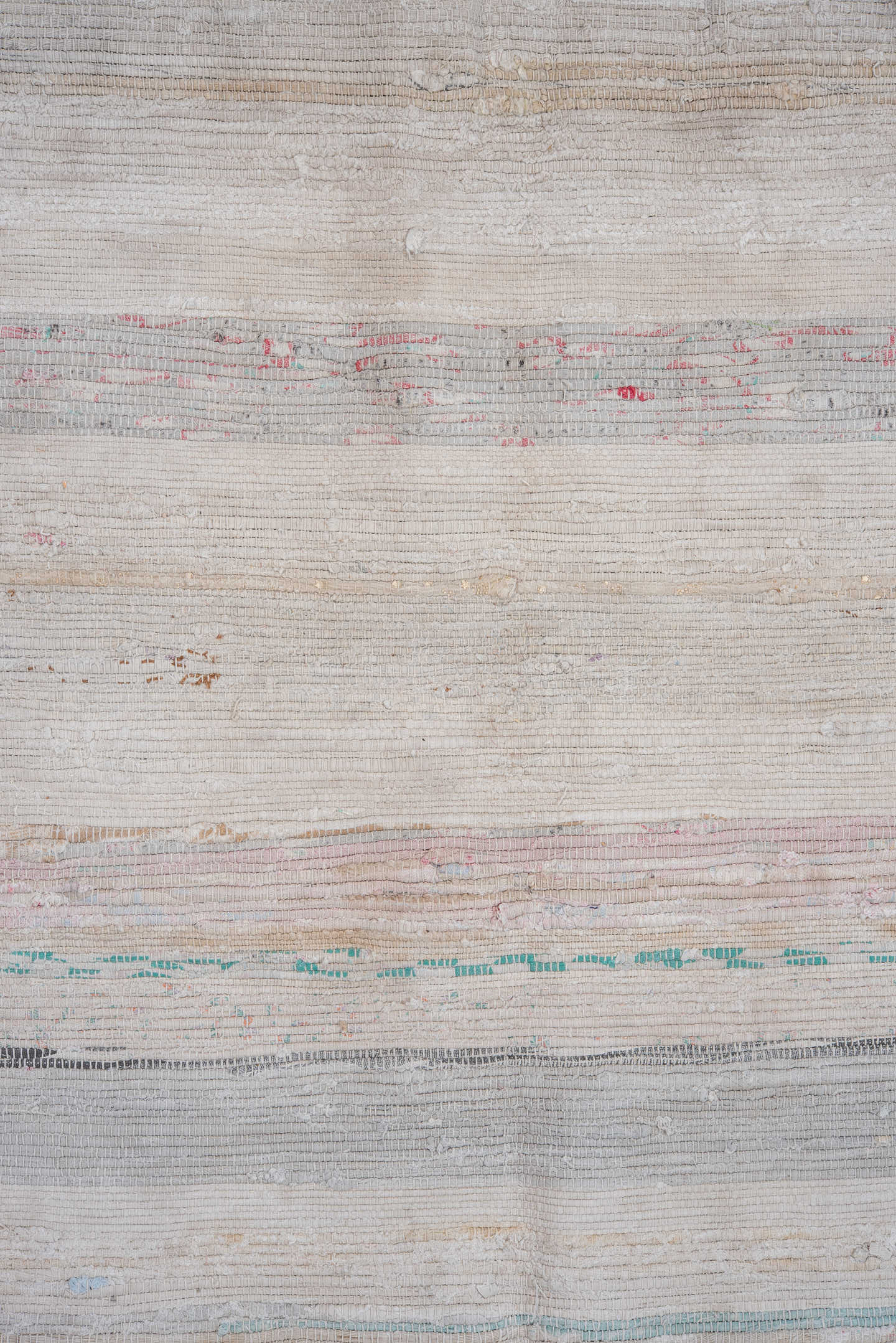 5' x 11' one-of-a-kind handmade antique Rag Rug rug. Color palette: ivory, pale blue, blush, taupe, charcoal, aqua