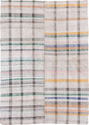 6' x 8' one-of-a-kind handmade antique Rag Rug medium size rug. Color palette: ivory, taupe, charcoal, sage, saffron, peach