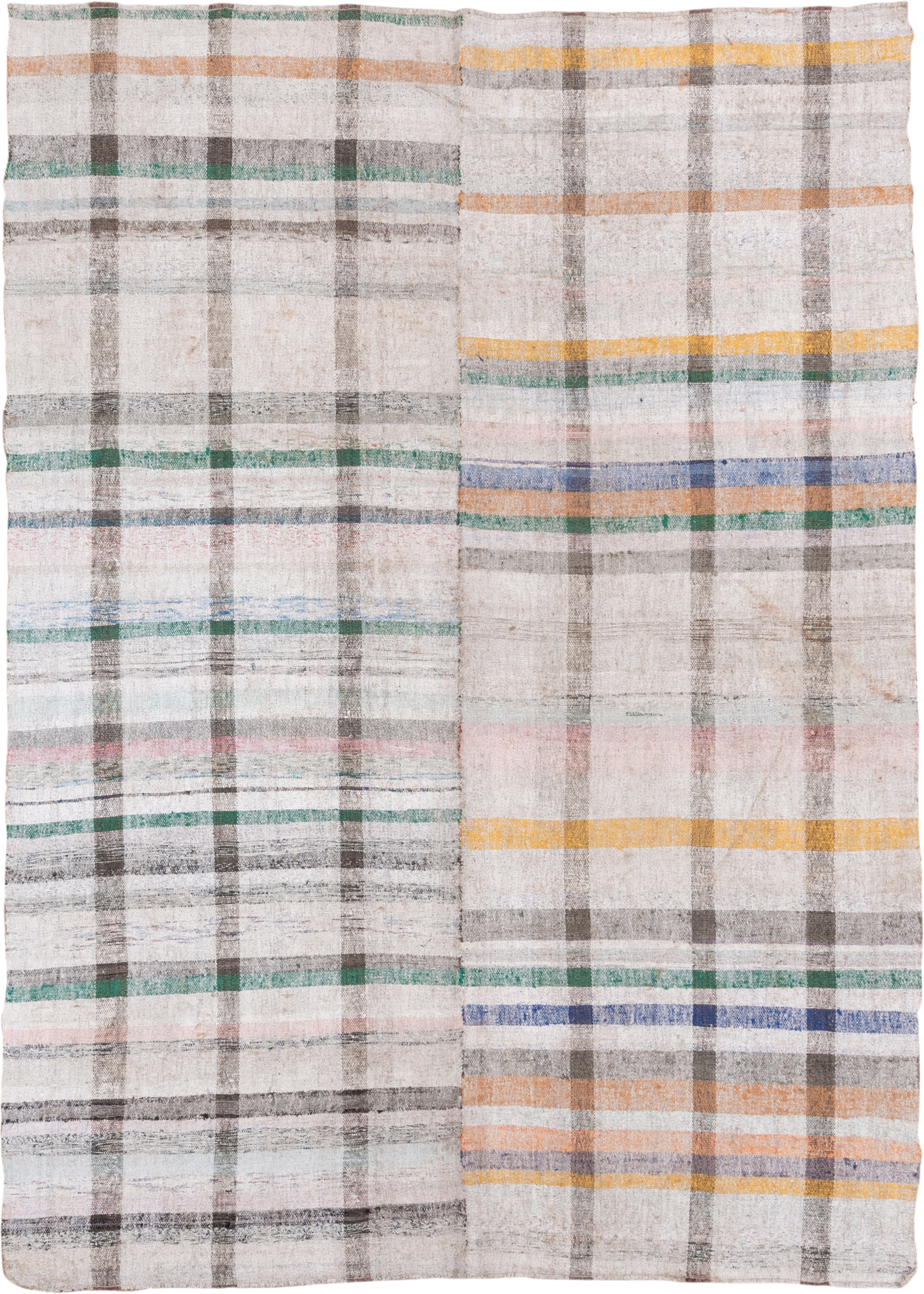 6' x 8' one-of-a-kind handmade antique Rag Rug medium size rug. Color palette: ivory, taupe, charcoal, sage, saffron, peach