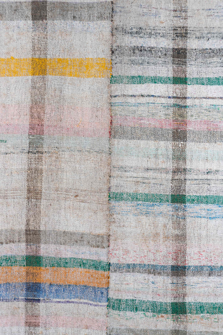 6' x 8' one-of-a-kind handmade antique Rag Rug medium size rug. Color palette: ivory, taupe, charcoal, sage, saffron, peach