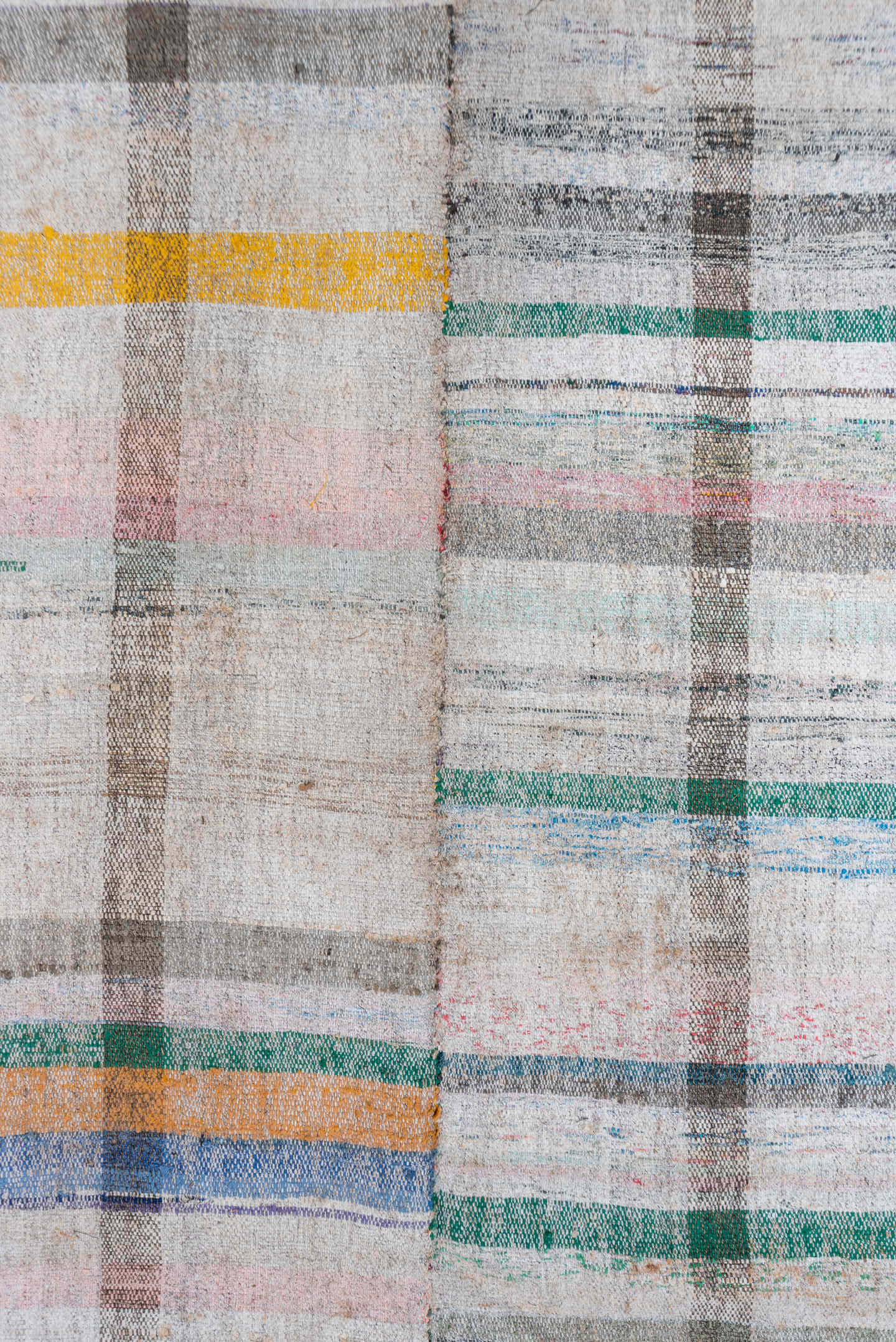 6' x 8' one-of-a-kind handmade antique Rag Rug medium size rug. Color palette: ivory, taupe, charcoal, sage, saffron, peach