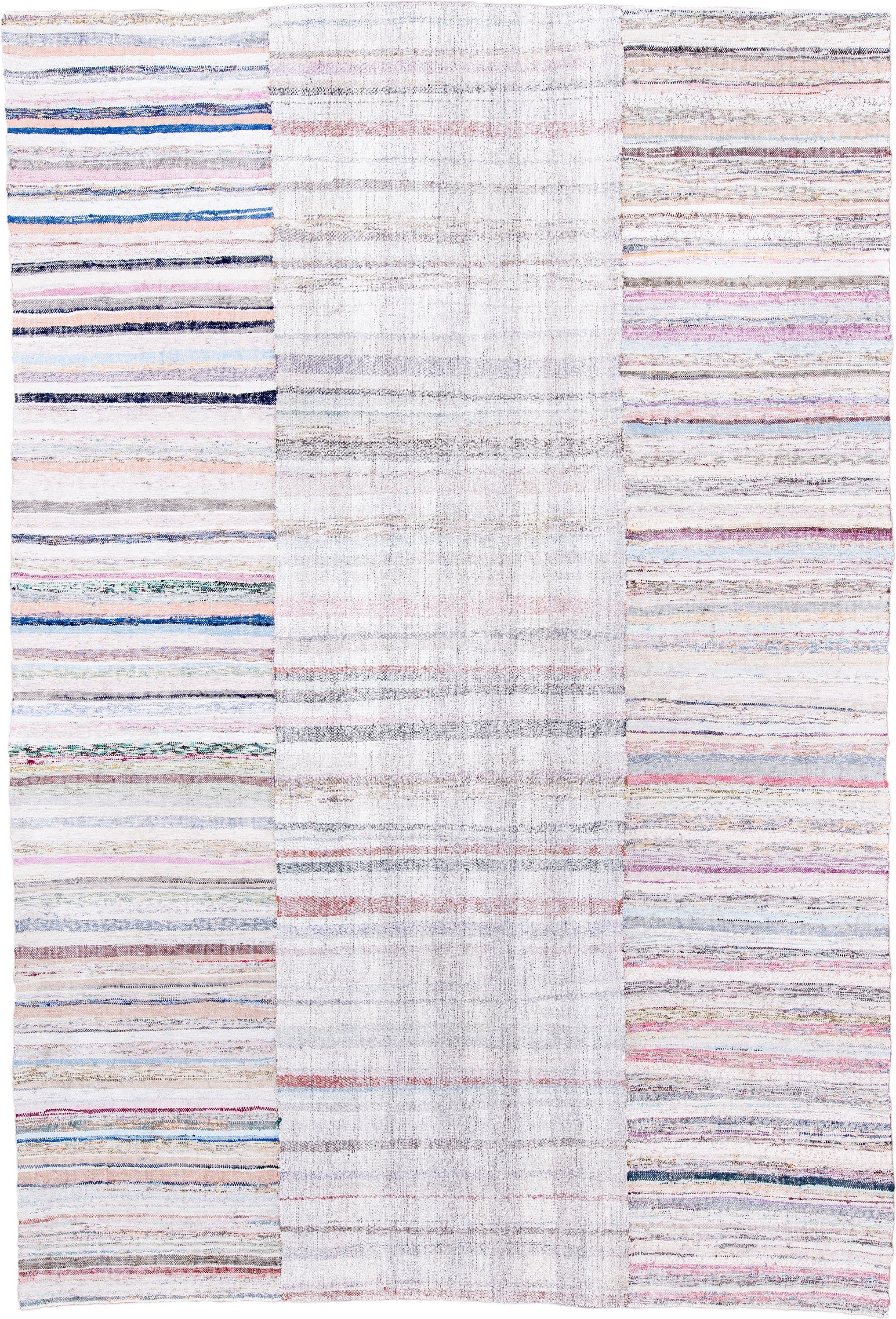 8' x 12' one-of-a-kind handmade antique Rag Rug large size rug. Color palette: ivory, blush, gray, blue, rose, taupe