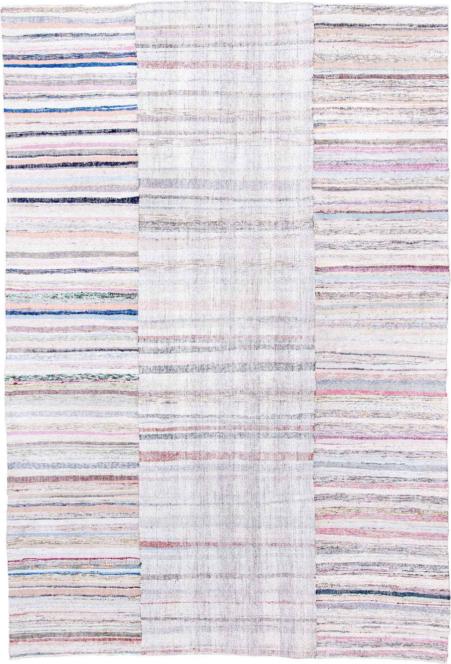 8' x 12' one-of-a-kind handmade antique Rag Rug large size rug. Color palette: ivory, blush, gray, blue, rose, taupe