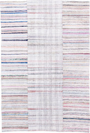 8' x 12' one-of-a-kind handmade antique Rag Rug large size rug. Color palette: ivory, blush, gray, blue, rose, taupe
