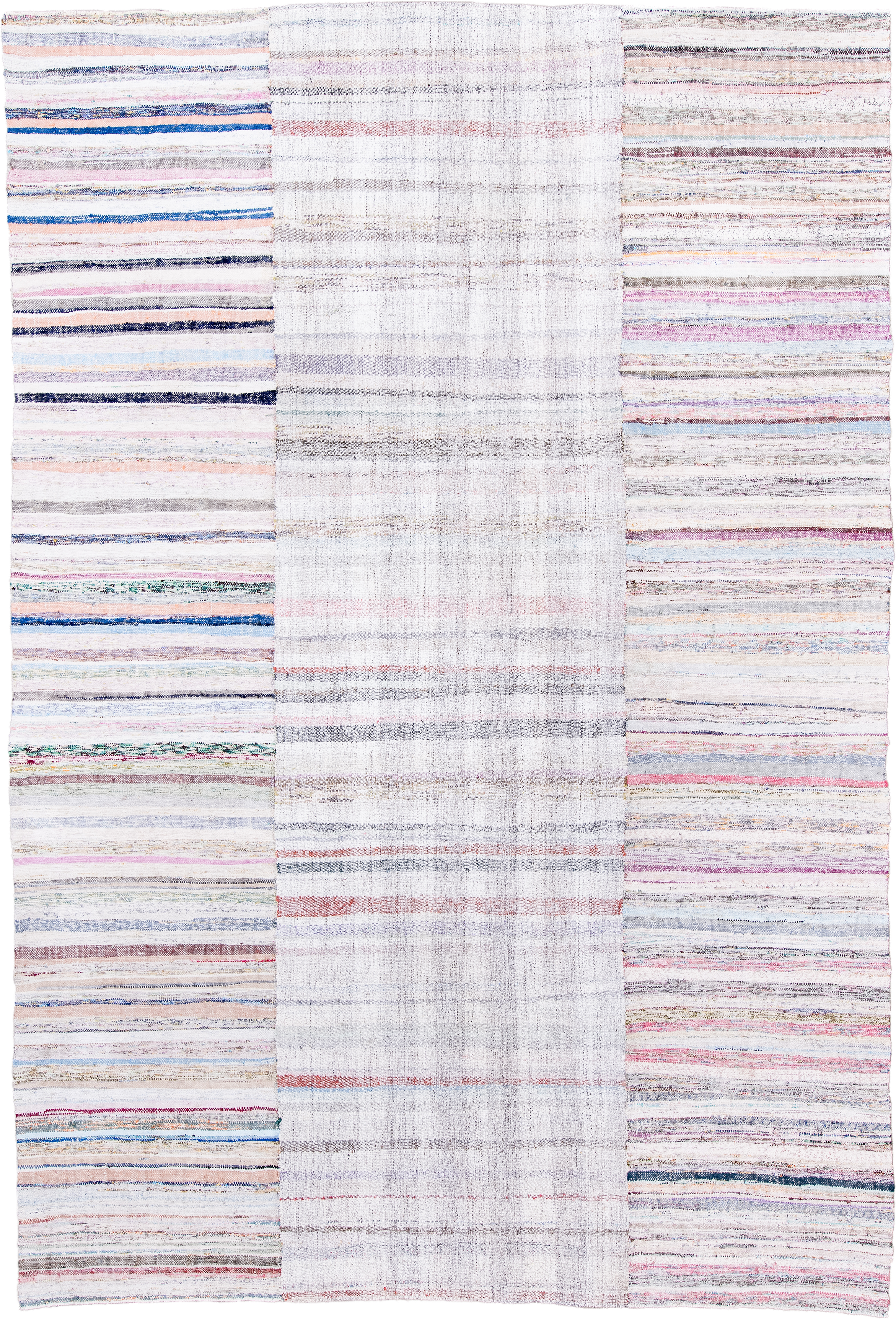 8' x 12' one-of-a-kind handmade antique Rag Rug large size rug. Color palette: ivory, blush, gray, blue, rose, taupe