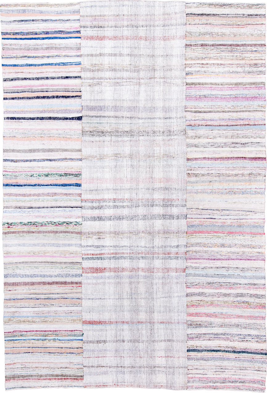 8' x 12' one-of-a-kind handmade antique Rag Rug large size rug. Color palette: ivory, blush, gray, blue, rose, taupe