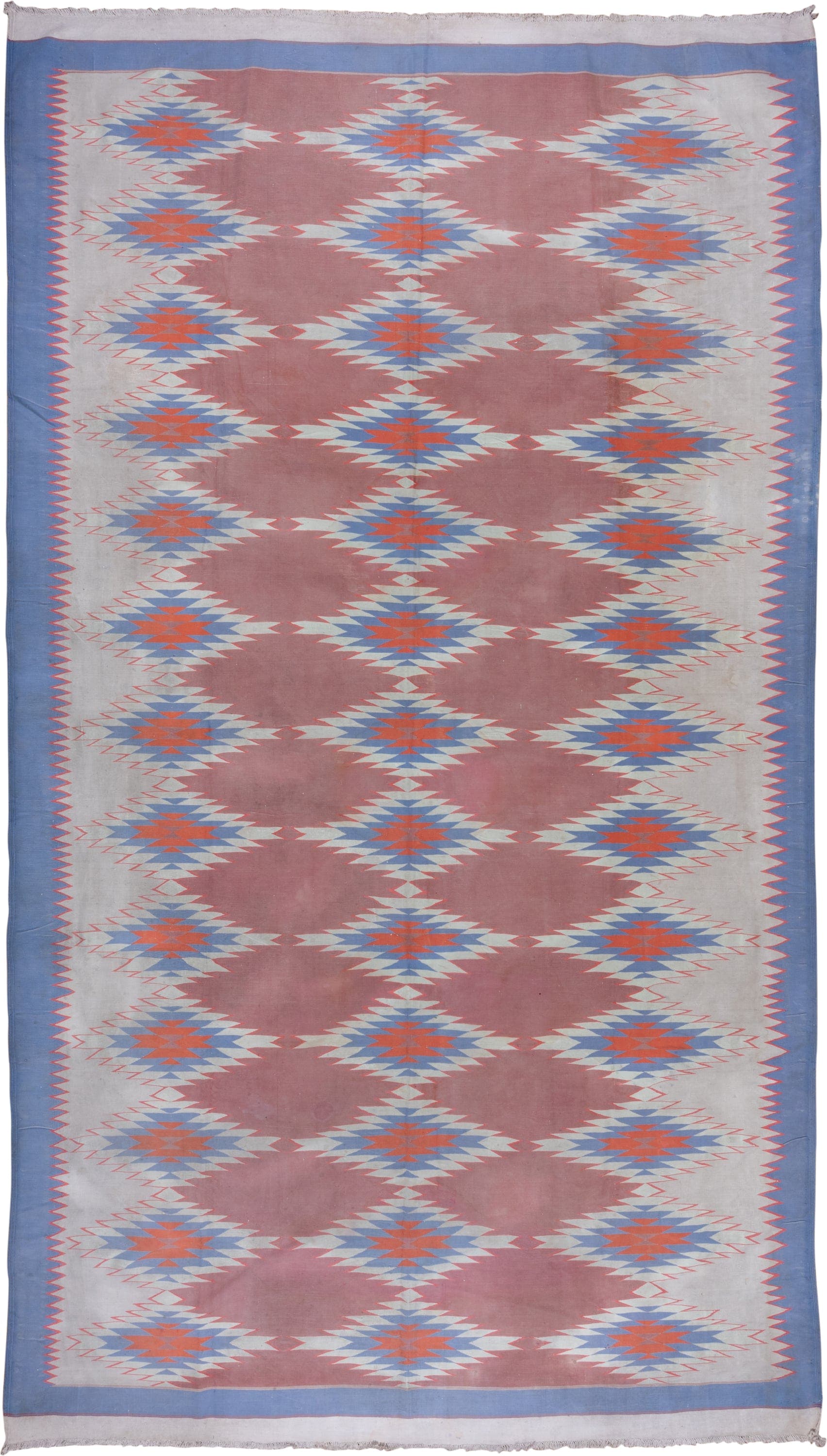 9' x 16' one-of-a-kind handmade antique Dhurrie rug. Color palette: dusty rose, ivory, sky blue, coral, slate blue, pink
