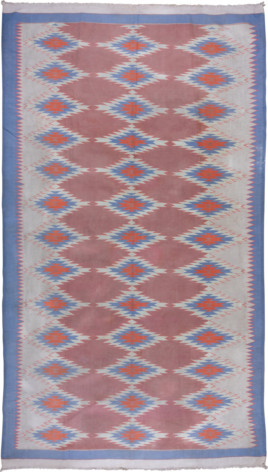 9' x 16' one-of-a-kind handmade antique Dhurrie rug. Color palette: dusty rose, ivory, sky blue, coral, slate blue, pink