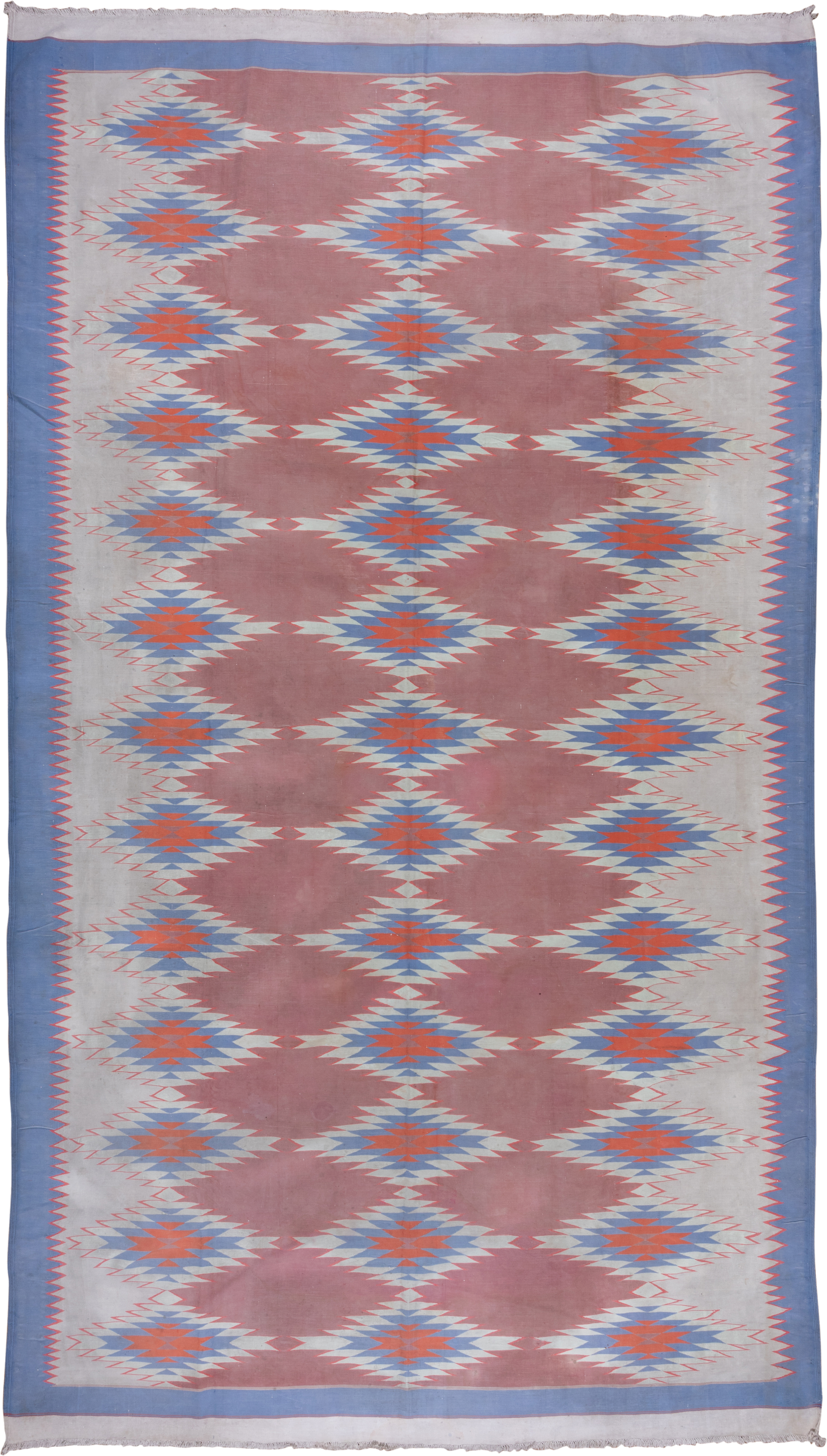 9' x 16' one-of-a-kind handmade antique Dhurrie rug. Color palette: dusty rose, ivory, sky blue, coral, slate blue, pink