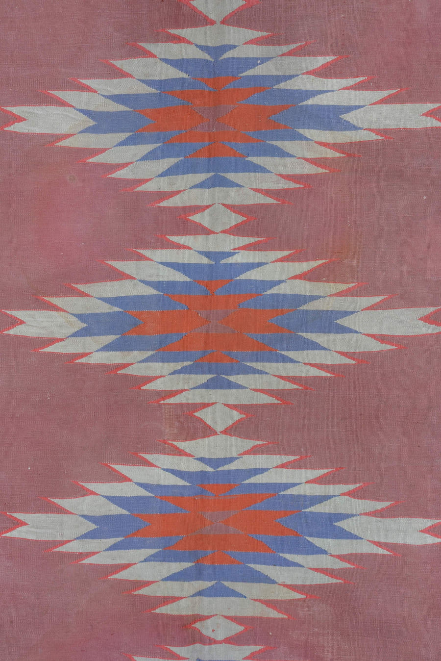 9' x 16' one-of-a-kind handmade antique Dhurrie rug. Color palette: dusty rose, ivory, sky blue, coral, slate blue, pink