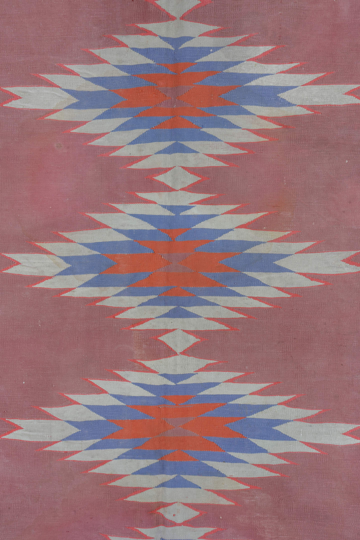 9' x 16' one-of-a-kind handmade antique Dhurrie rug. Color palette: dusty rose, ivory, sky blue, coral, slate blue, pink