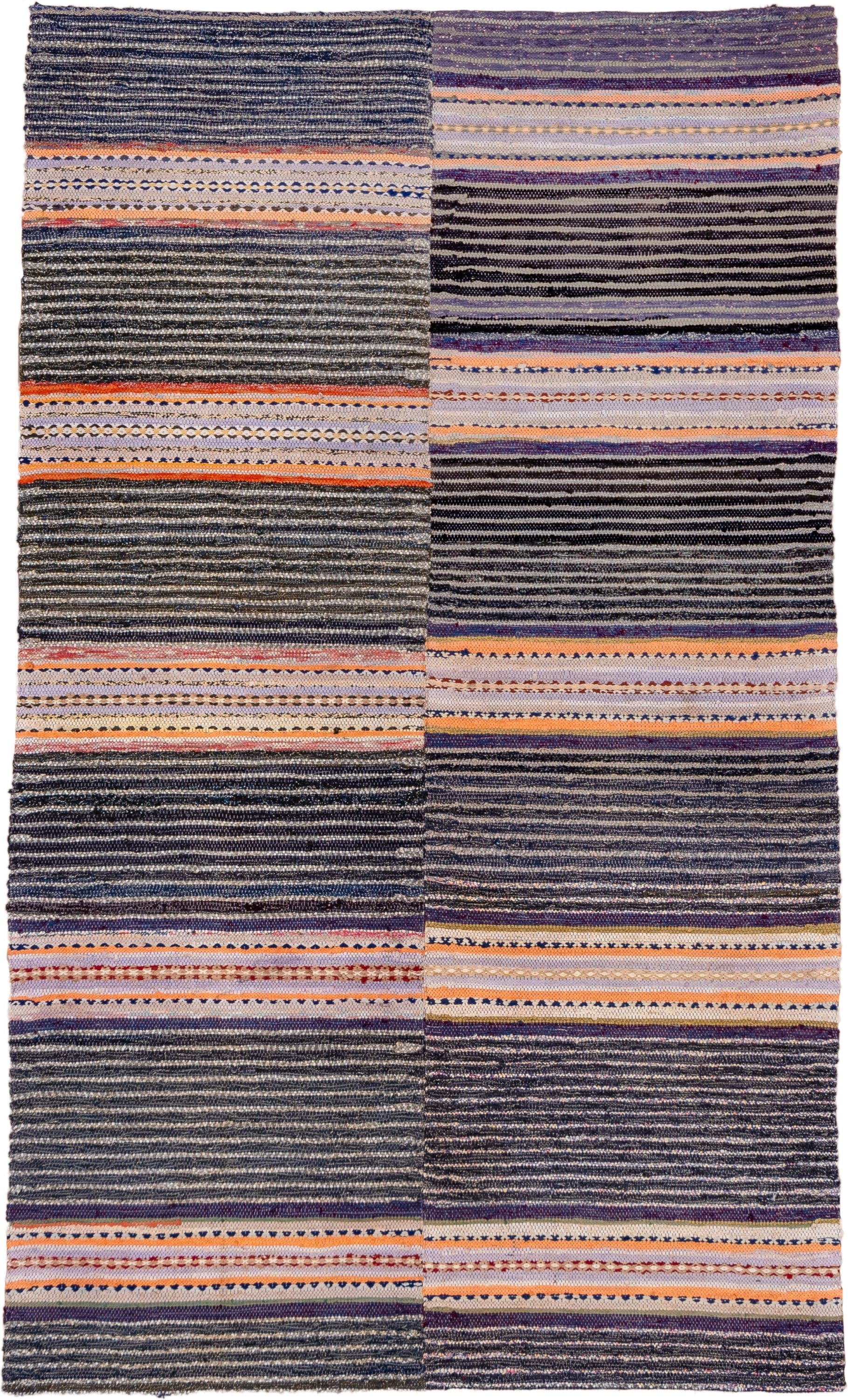 4' x 7' one-of-a-kind handmade antique Rag Rug rug. Color palette: charcoal, ivory, lavender, orange, navy, gray, peach