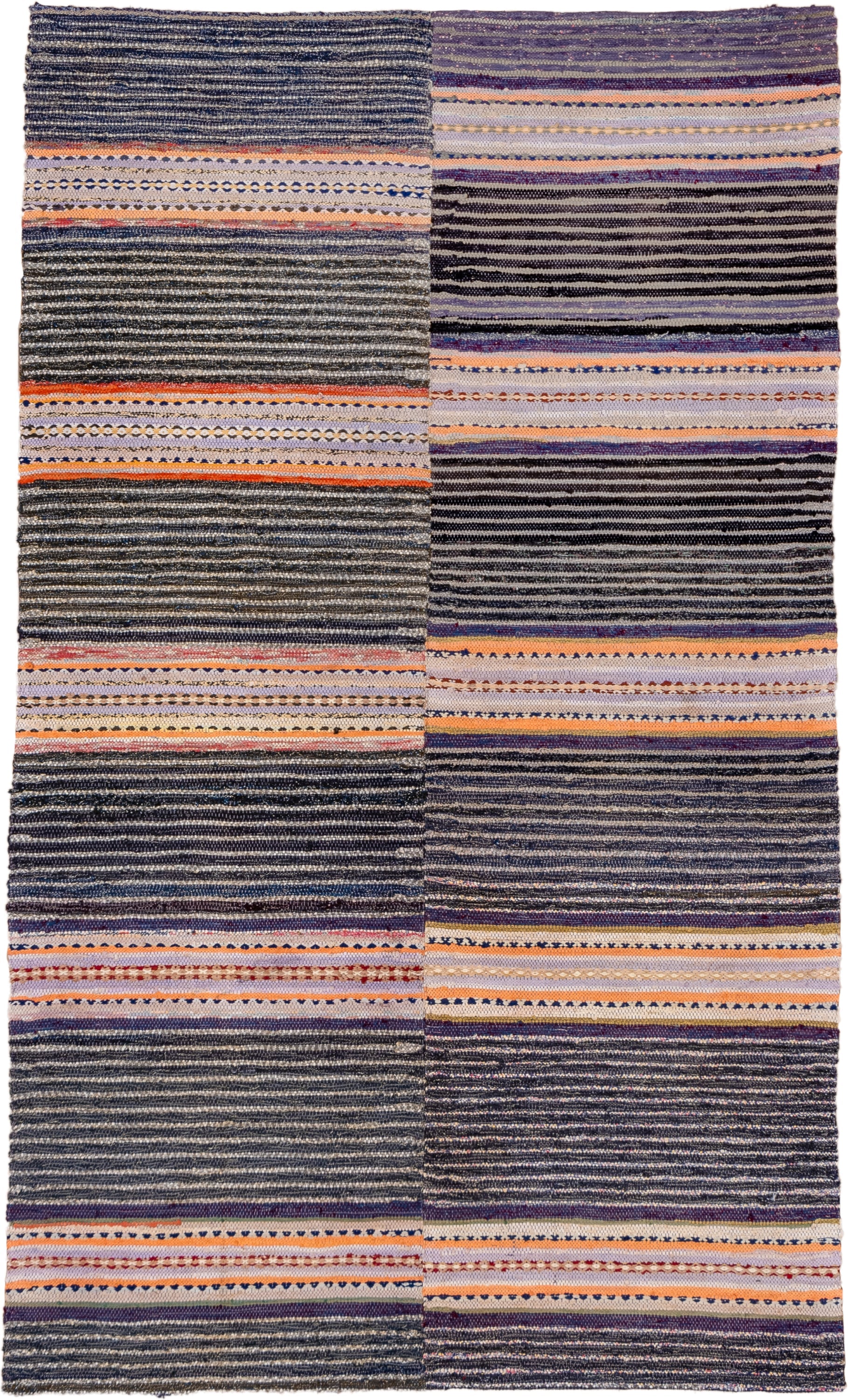 4' x 7' one-of-a-kind handmade antique Rag Rug rug. Color palette: charcoal, ivory, lavender, orange, navy, gray, peach