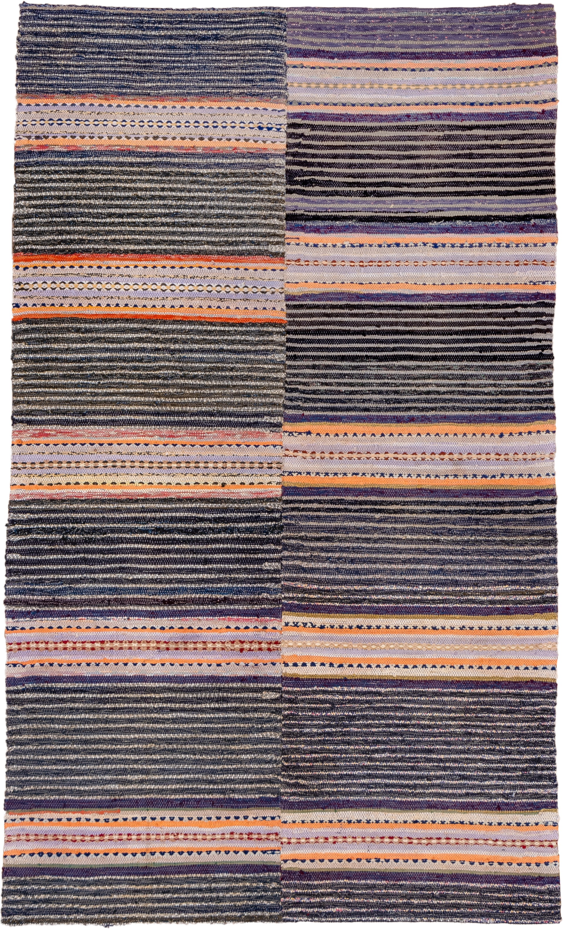 4' x 7' one-of-a-kind handmade antique Rag Rug rug. Color palette: charcoal, ivory, lavender, orange, navy, gray, peach