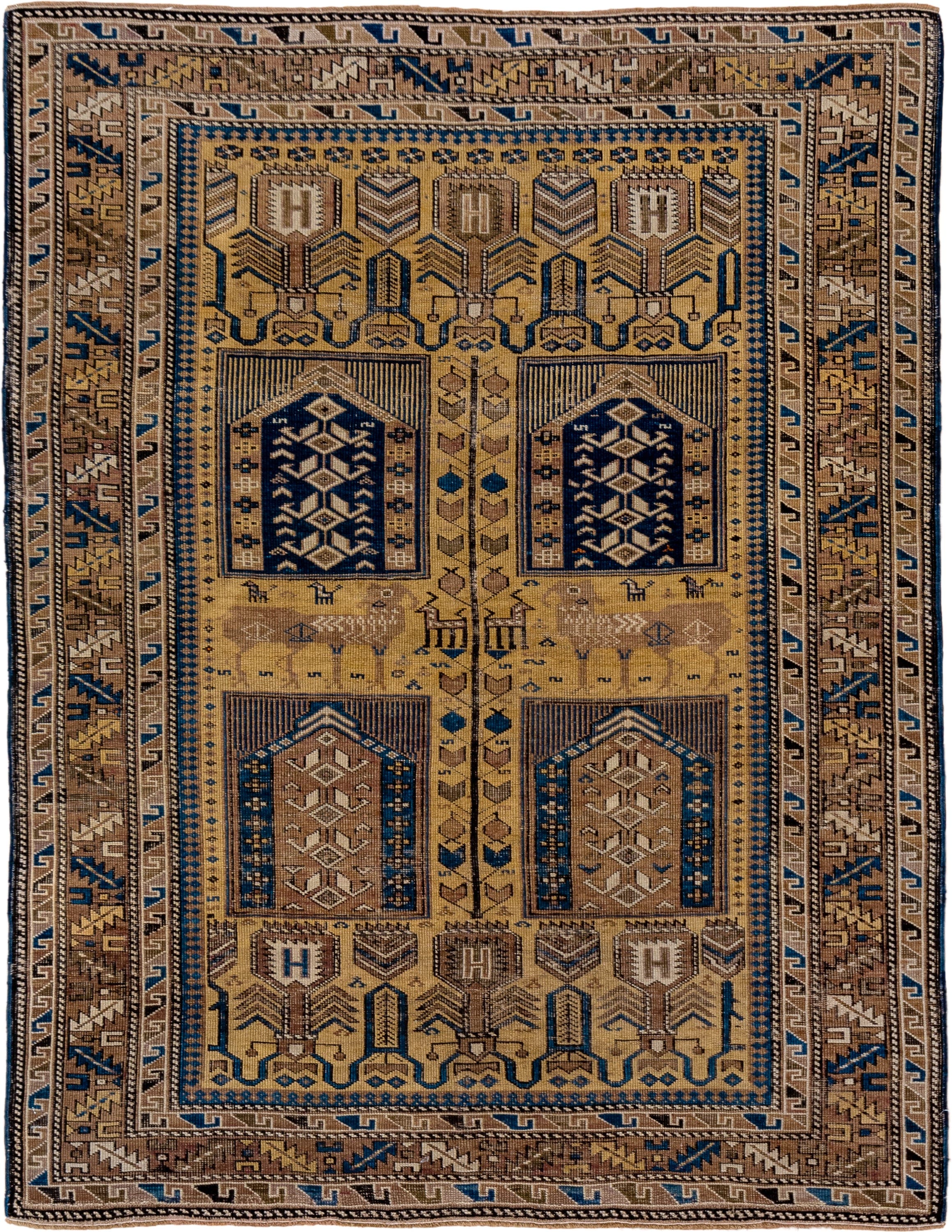 4' x 5' one-of-a-kind handmade antique Cabistan small size rug. Color palette: camel, brown, navy, ivory, taupe, charcoal