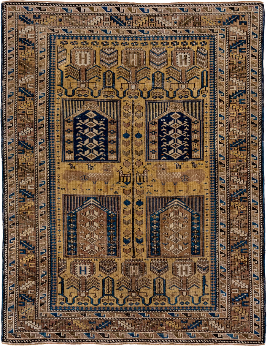 4' x 5' one-of-a-kind handmade antique Cabistan small size rug. Color palette: camel, brown, navy, ivory, taupe, charcoal