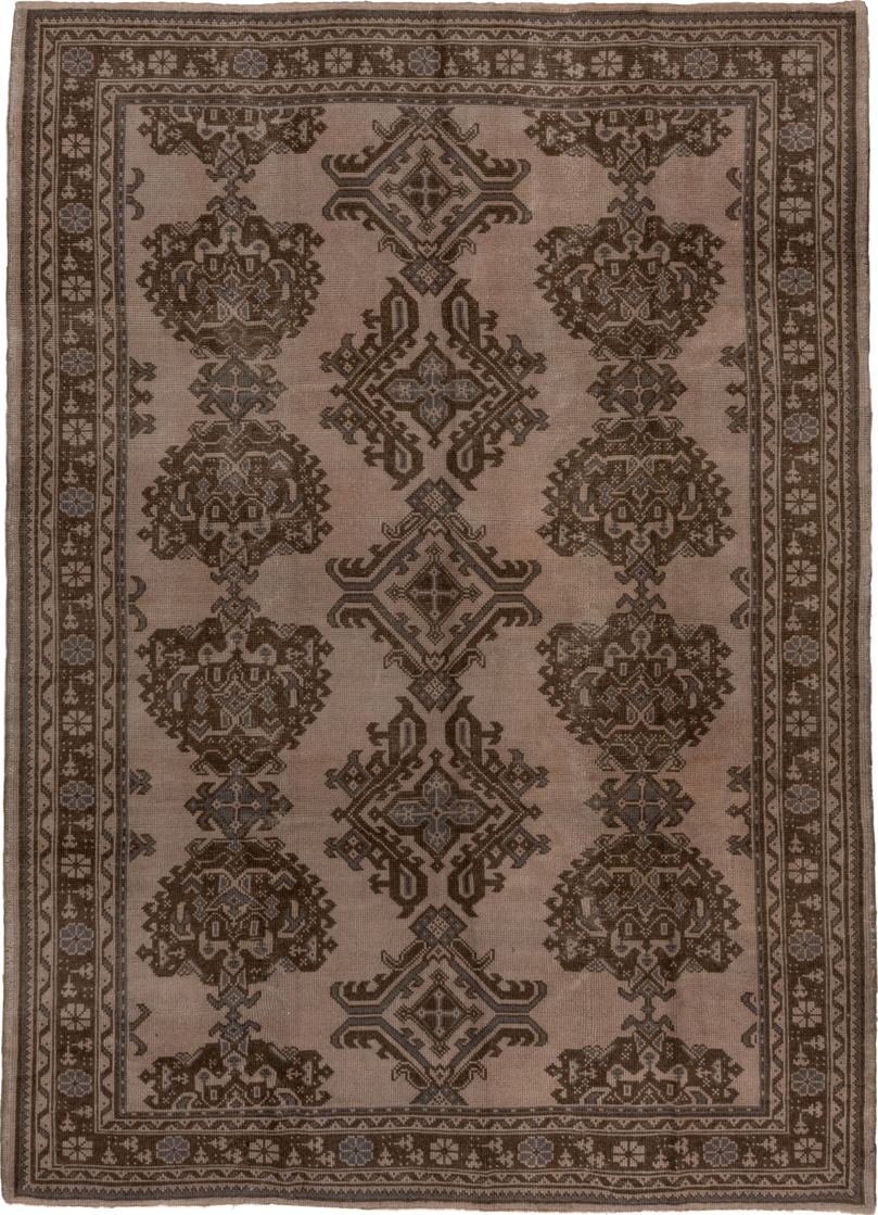 7' x 10' one-of-a-kind handmade antique Oushak large size rug. Color palette: taupe, brown, charcoal, greige, ivory, beige