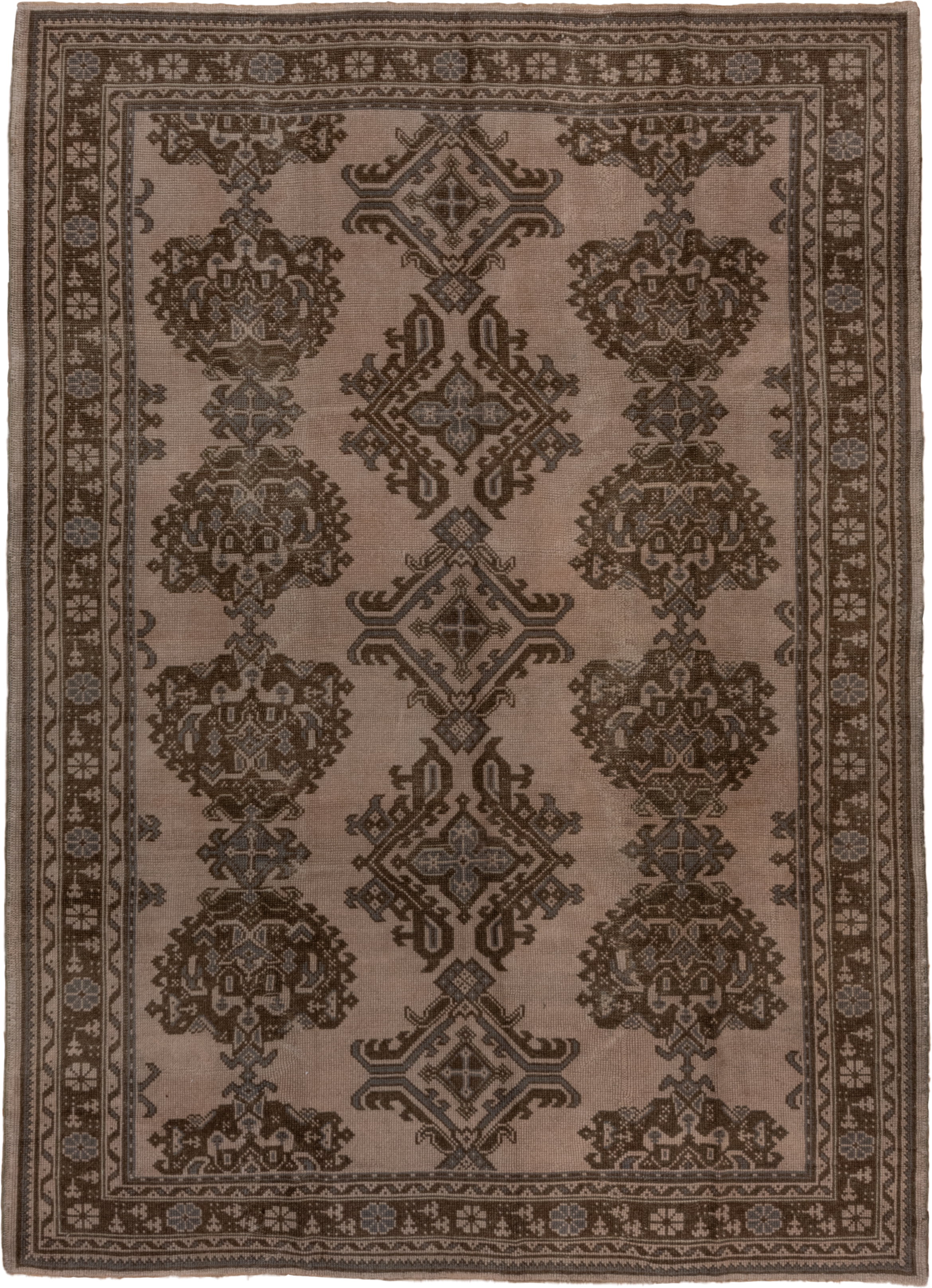7' x 10' one-of-a-kind handmade antique Oushak large size rug. Color palette: taupe, brown, charcoal, greige, ivory, beige