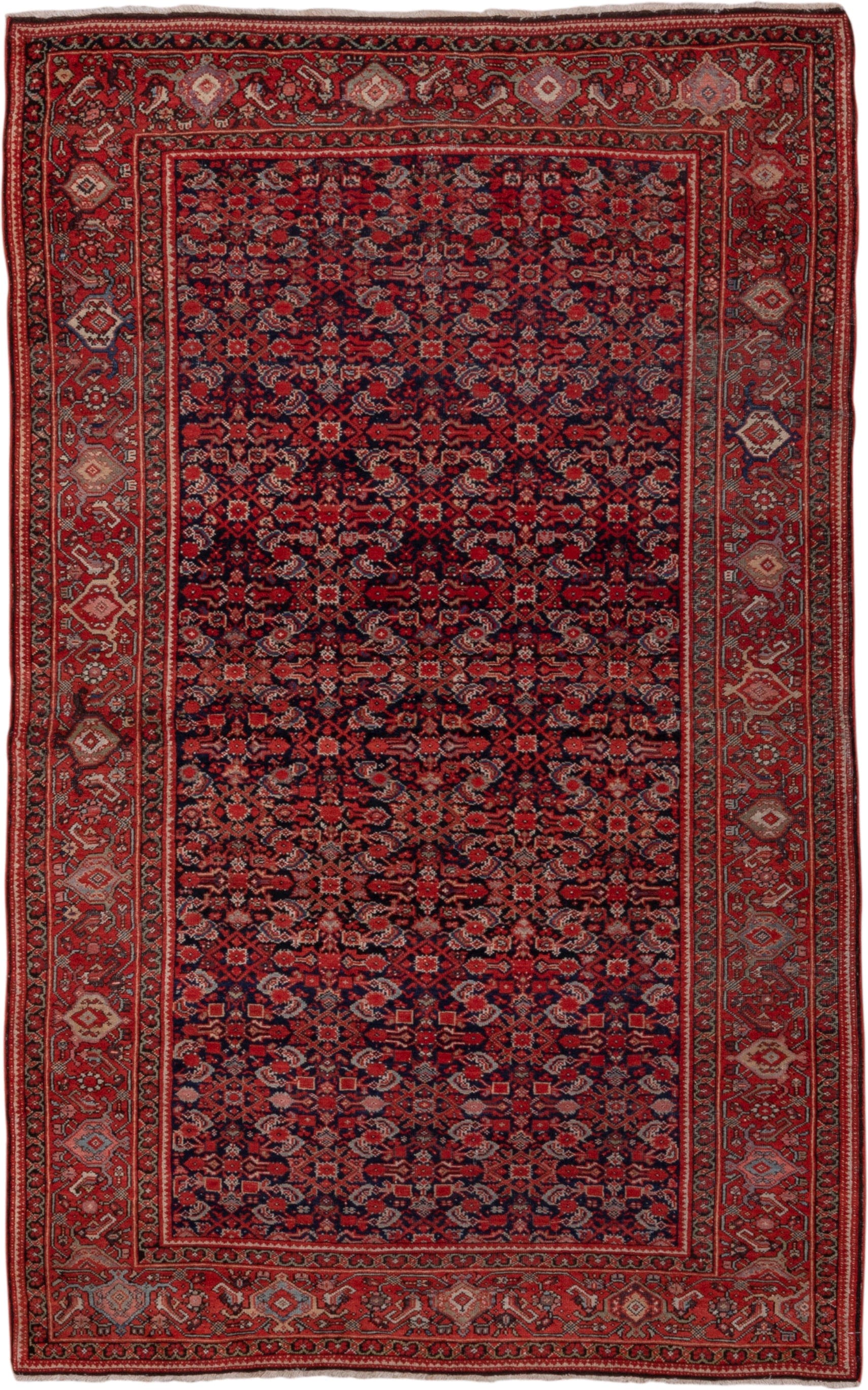 4' x 6' one-of-a-kind handmade antique Far.Sarouk small size rug. Color palette: navy, rust, crimson, ivory, rose, charcoal