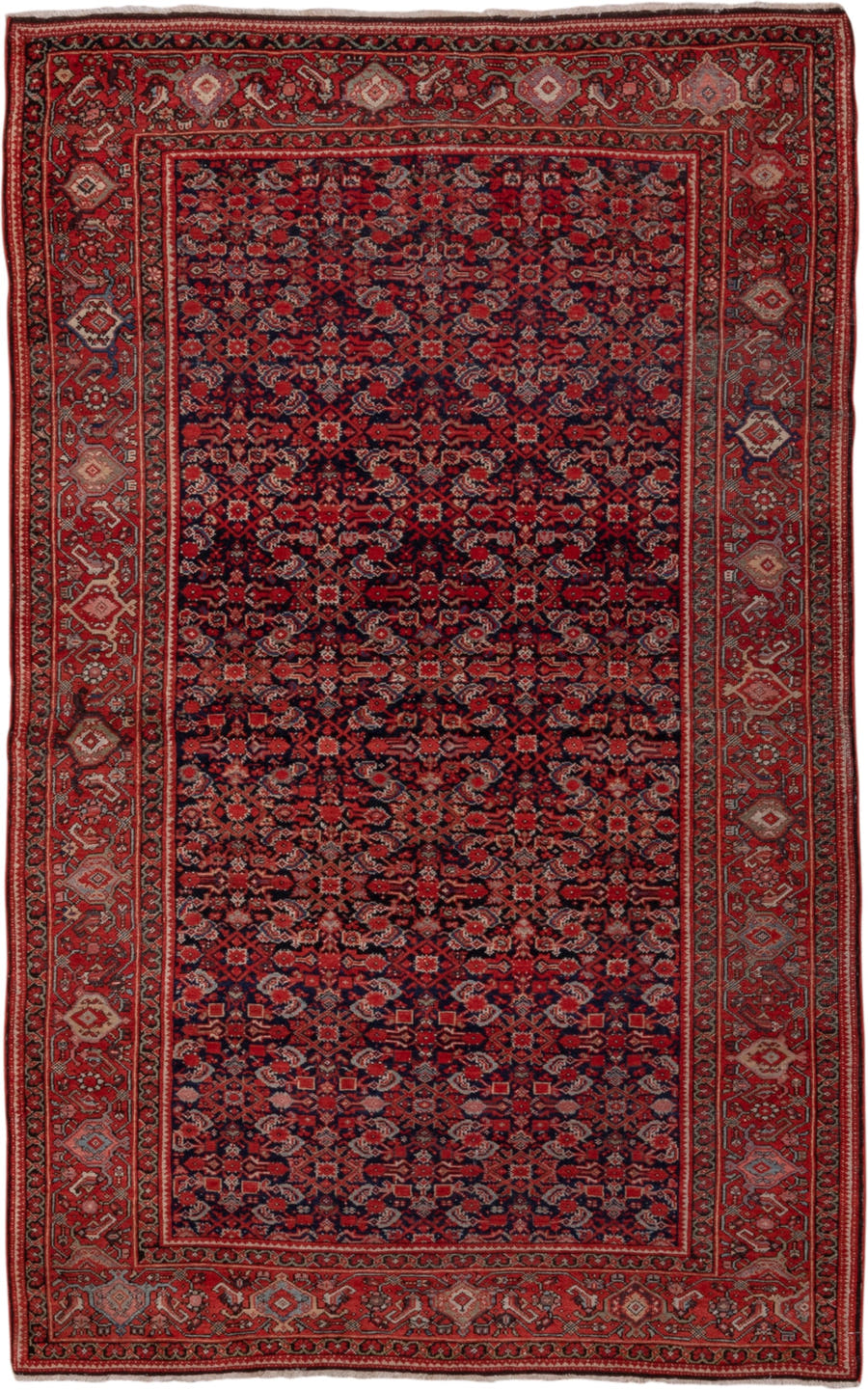 4' x 6' one-of-a-kind handmade antique Far.Sarouk small size rug. Color palette: navy, rust, crimson, ivory, rose, charcoal