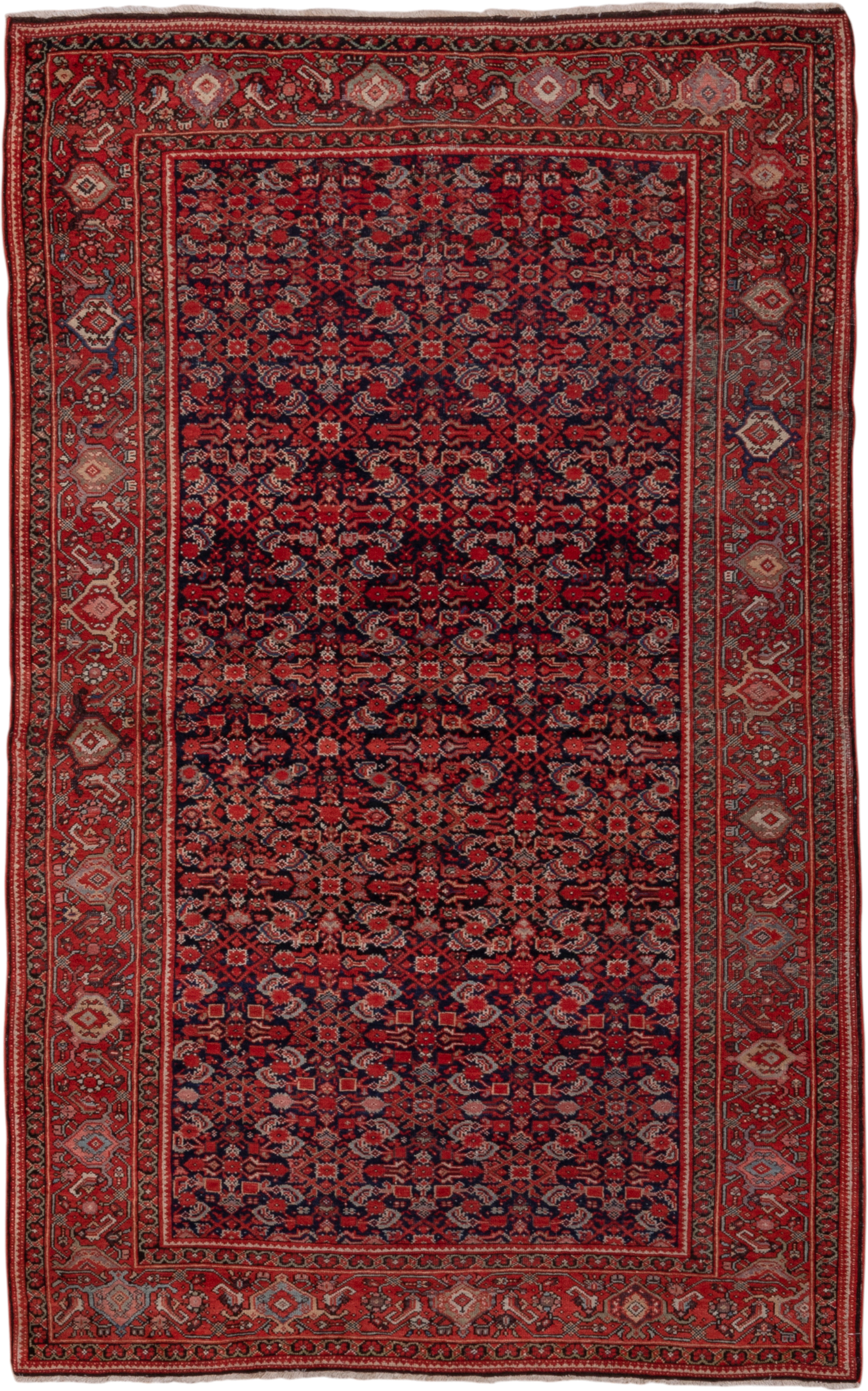 4' x 6' one-of-a-kind handmade antique Far.Sarouk small size rug. Color palette: navy, rust, crimson, ivory, rose, charcoal
