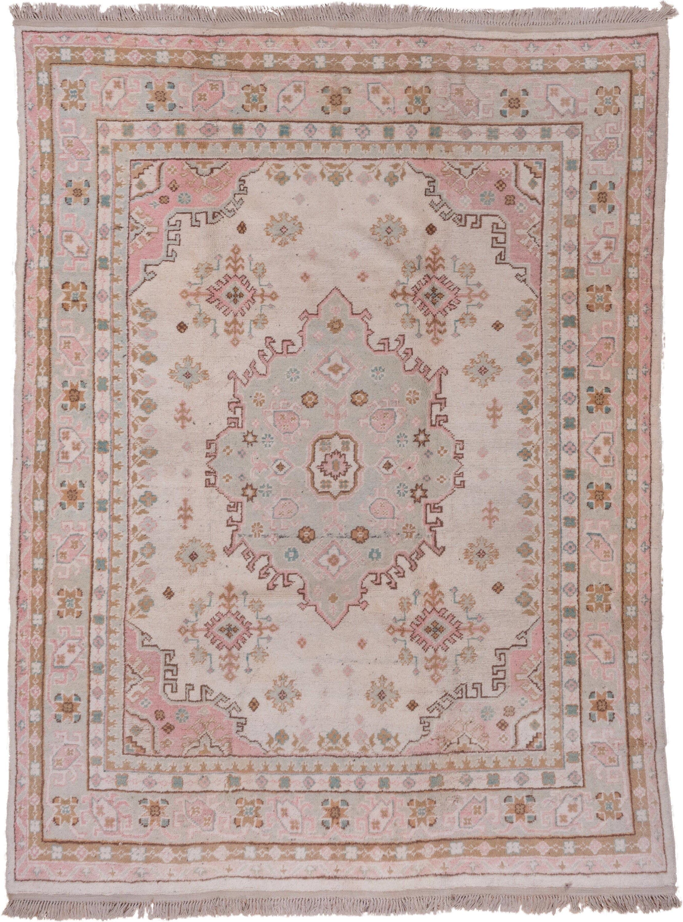 7' x 10' one-of-a-kind handmade antique Oushak large size rug. Color palette: blush, ivory, taupe, camel, sage, gold, rose