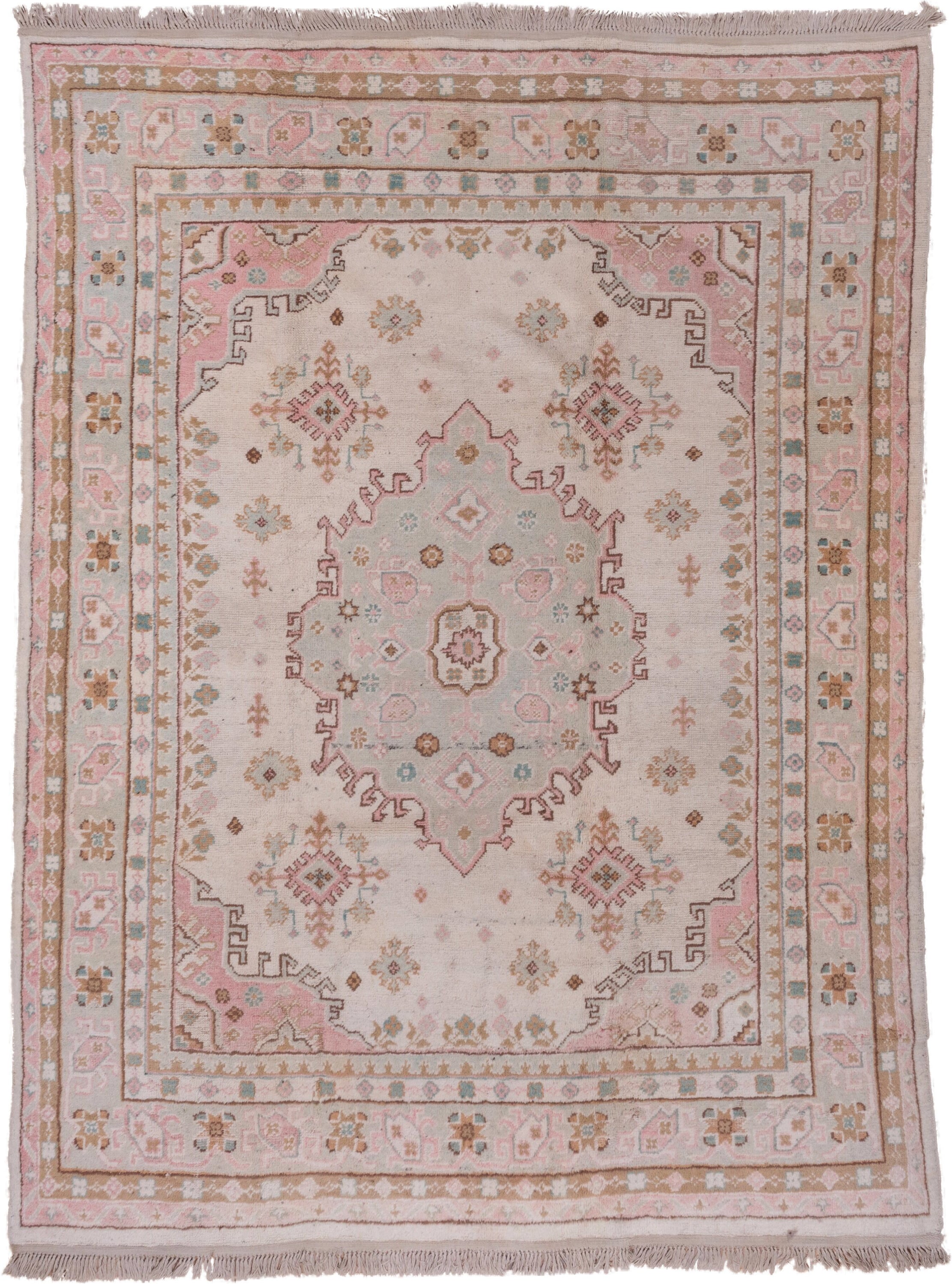 7' x 10' one-of-a-kind handmade antique Oushak large size rug. Color palette: blush, ivory, taupe, camel, sage, gold, rose