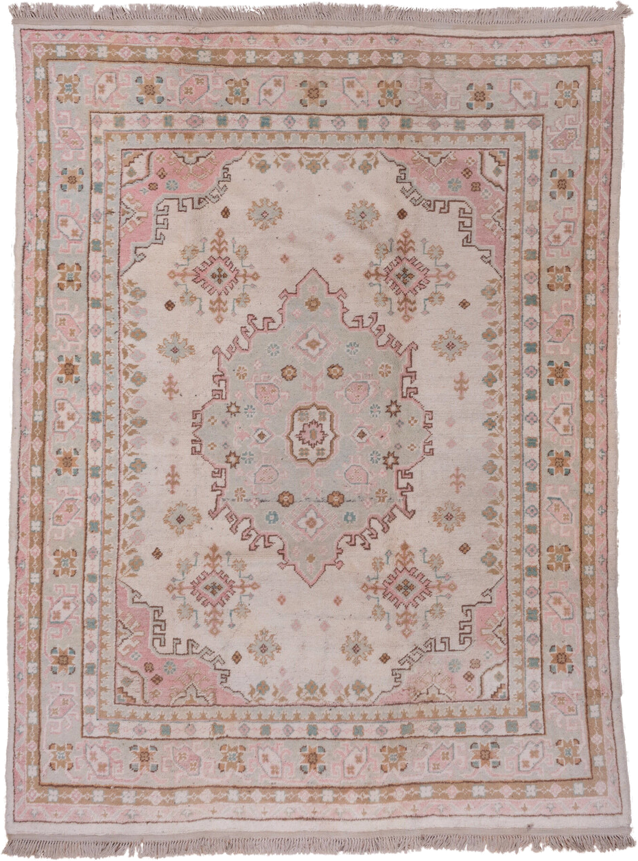 7' x 10' one-of-a-kind handmade antique Oushak large size rug. Color palette: blush, ivory, taupe, camel, sage, gold, rose