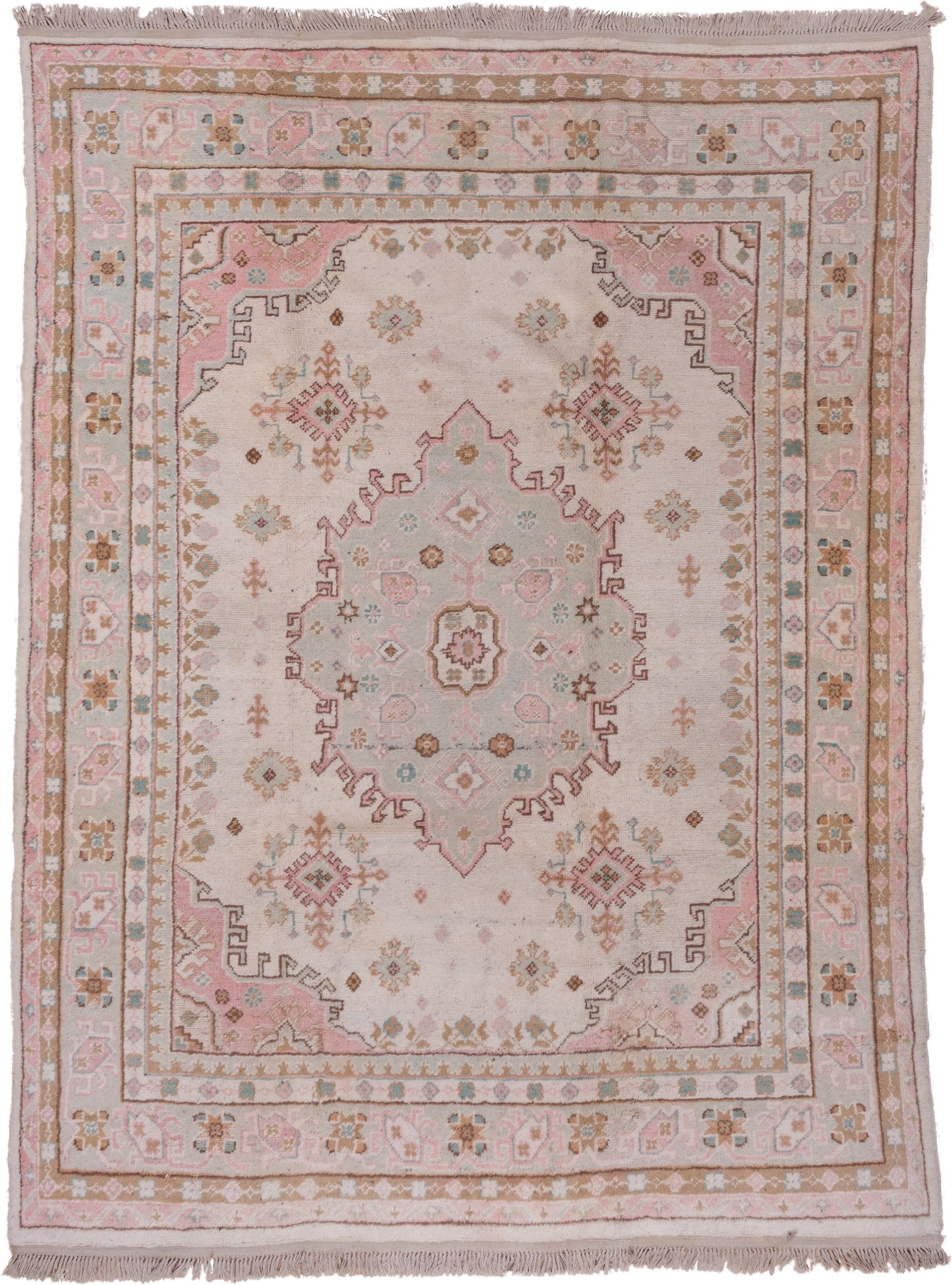 7' x 10' one-of-a-kind handmade antique Oushak large size rug. Color palette: blush, ivory, taupe, camel, sage, gold, rose