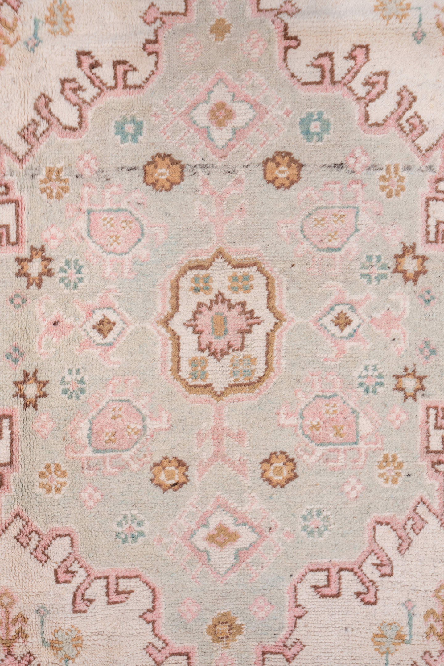 7' x 10' one-of-a-kind handmade antique Oushak large size rug. Color palette: blush, ivory, taupe, camel, sage, gold, rose