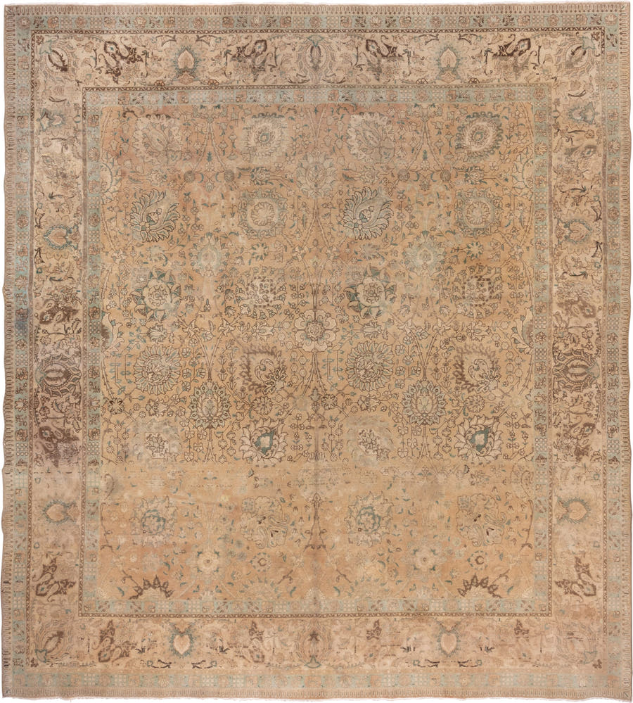 11' x 12' one-of-a-kind handmade antique Sivas oversize rug. Color palette: beige, ivory, taupe, camel, pale aqua, brown