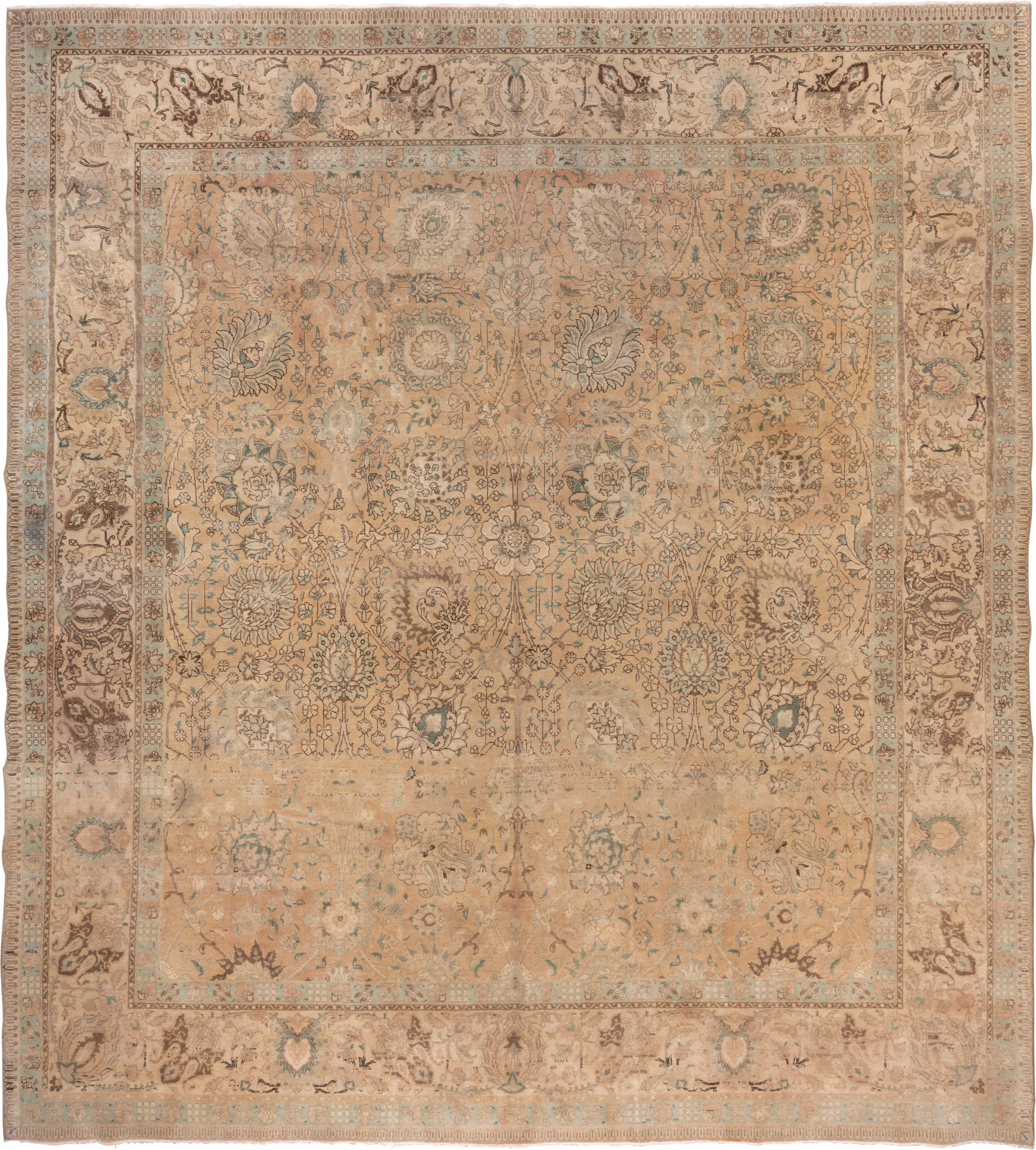 11' x 12' one-of-a-kind handmade antique Sivas oversize rug. Color palette: beige, ivory, taupe, camel, pale aqua, brown