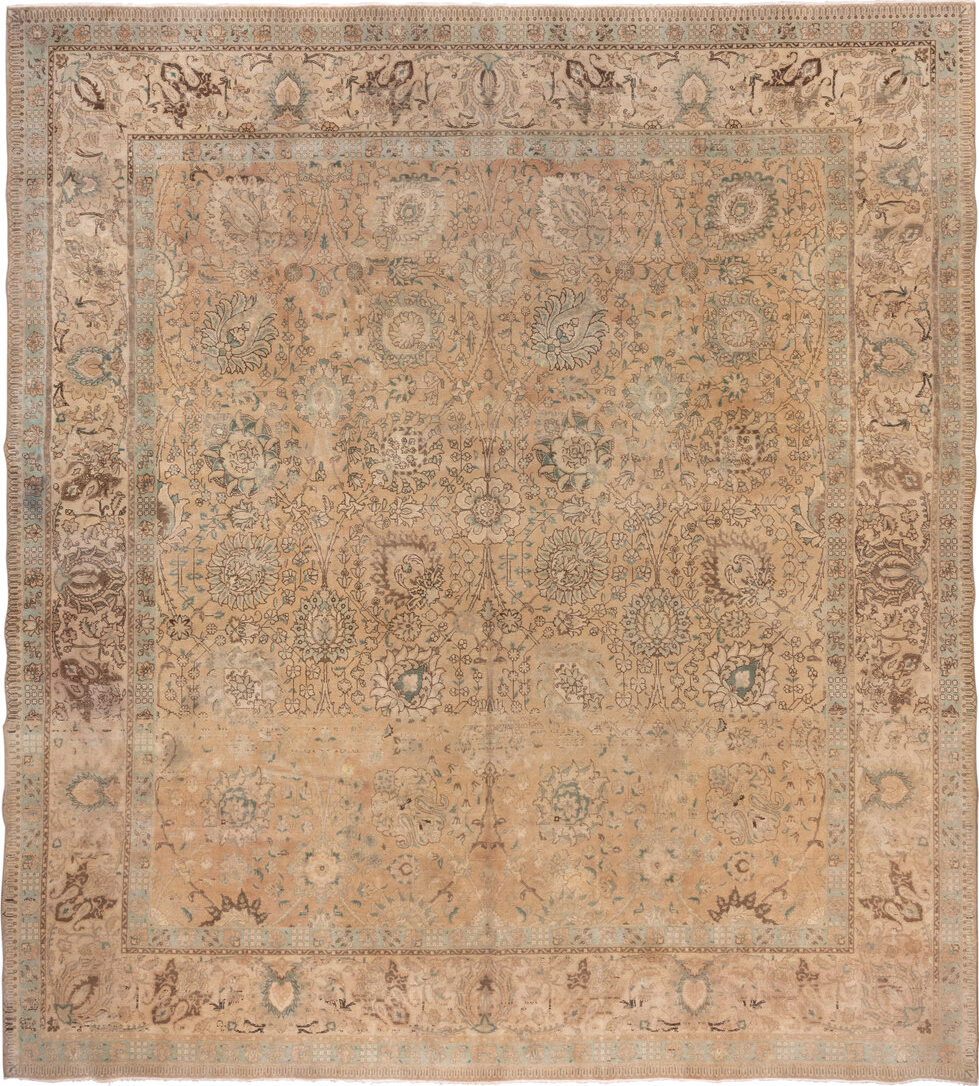 11' x 12' one-of-a-kind handmade vintage Sivas oversize rug. Color palette: brown, gray, light gray, off-white, orange, pink