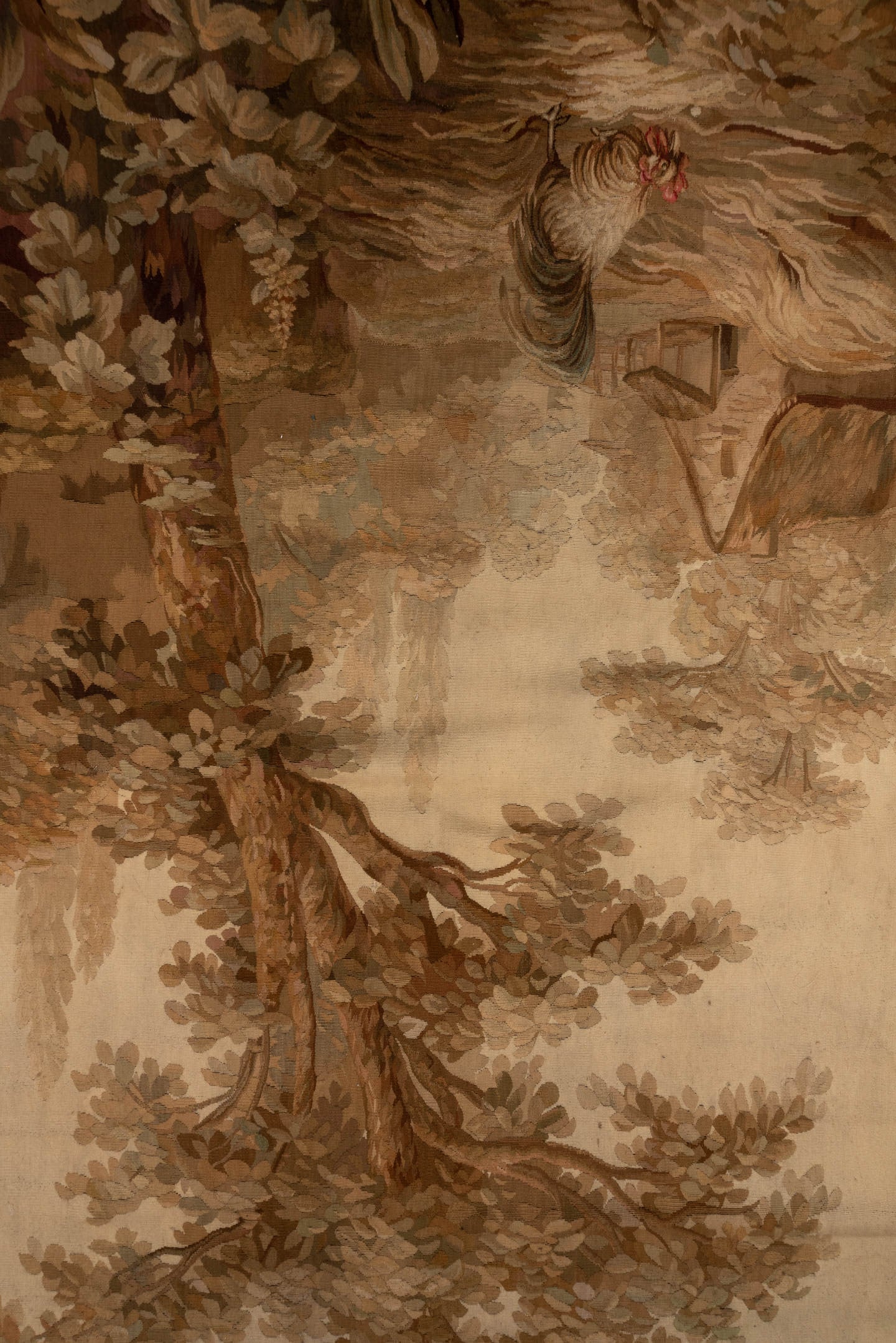 4' x 10' one-of-a-kind handmade vintage Tapestry runner rug. Color palette: beige, taupe, brown, camel, ivory, mahogany