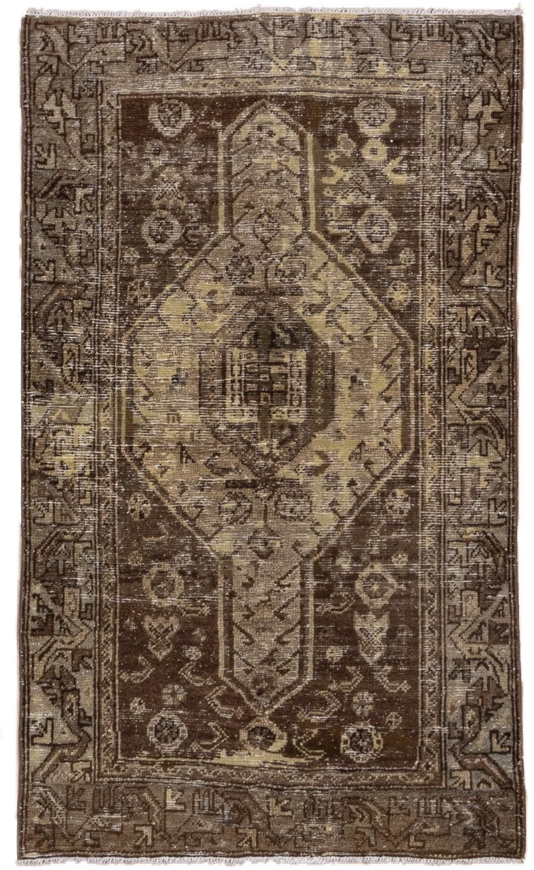 3' x 5' one-of-a-kind handmade antique Hamadan small size rug. Color palette: brown, ivory, taupe, camel, charcoal, beige