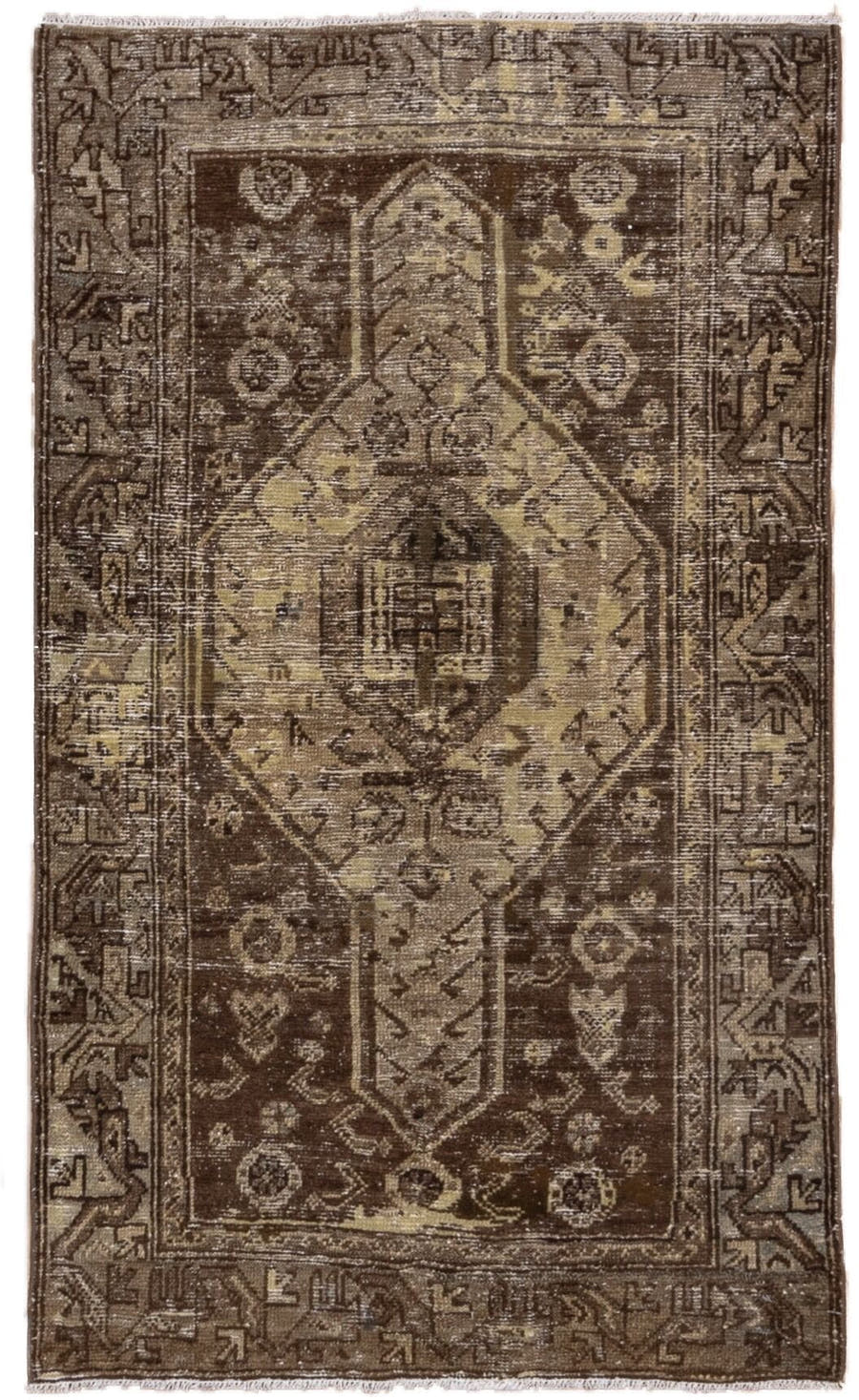 3' x 5' one-of-a-kind handmade antique Hamadan small size rug. Color palette: brown, ivory, taupe, camel, charcoal, beige