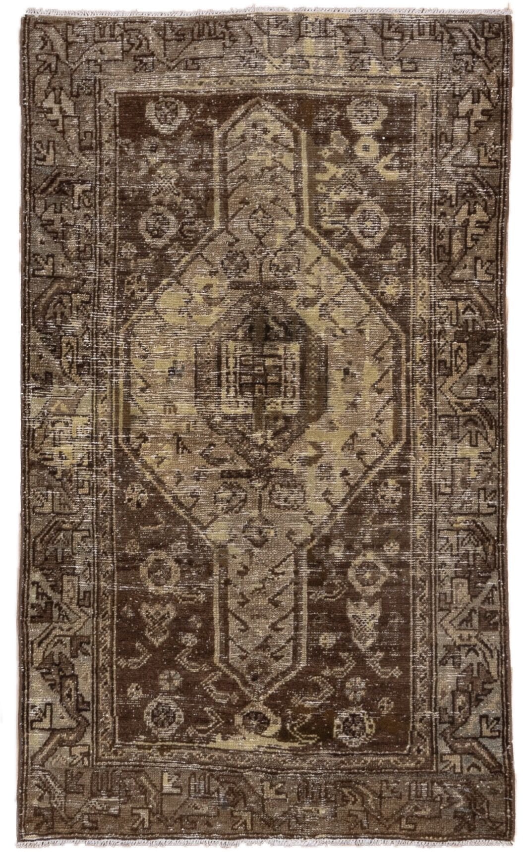 3' x 5' one-of-a-kind handmade antique Hamadan small size rug. Color palette: brown, ivory, taupe, camel, charcoal, beige