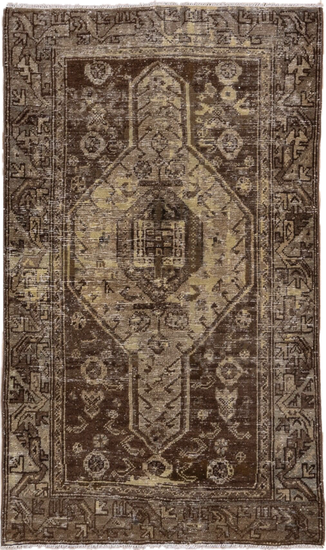 3' x 5' one-of-a-kind handmade antique Hamadan small size rug. Color palette: brown, ivory, taupe, camel, charcoal, beige