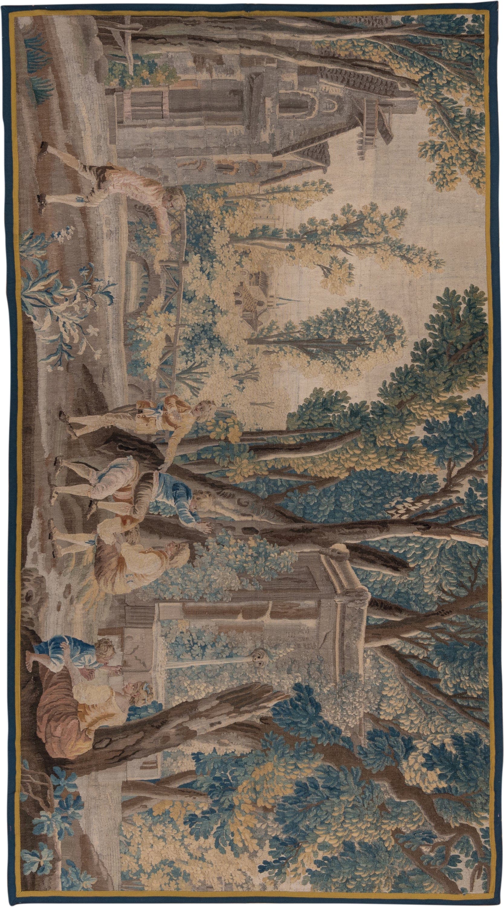 6' x 11' one-of-a-kind handmade vintage Tapestry large size rug. Color palette: ivory, slate, taupe, blue, camel, charcoal