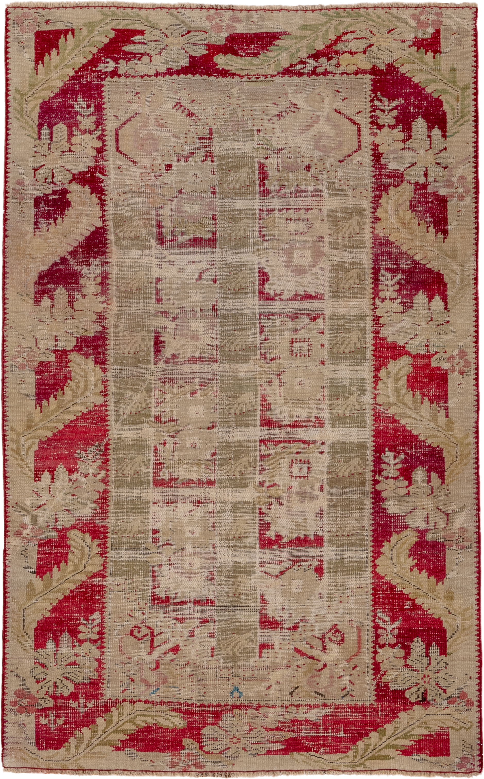 3' x 5' one-of-a-kind handmade antique Ghordes small size rug. Color palette: ivory, crimson, taupe, olive, rose, beige, red