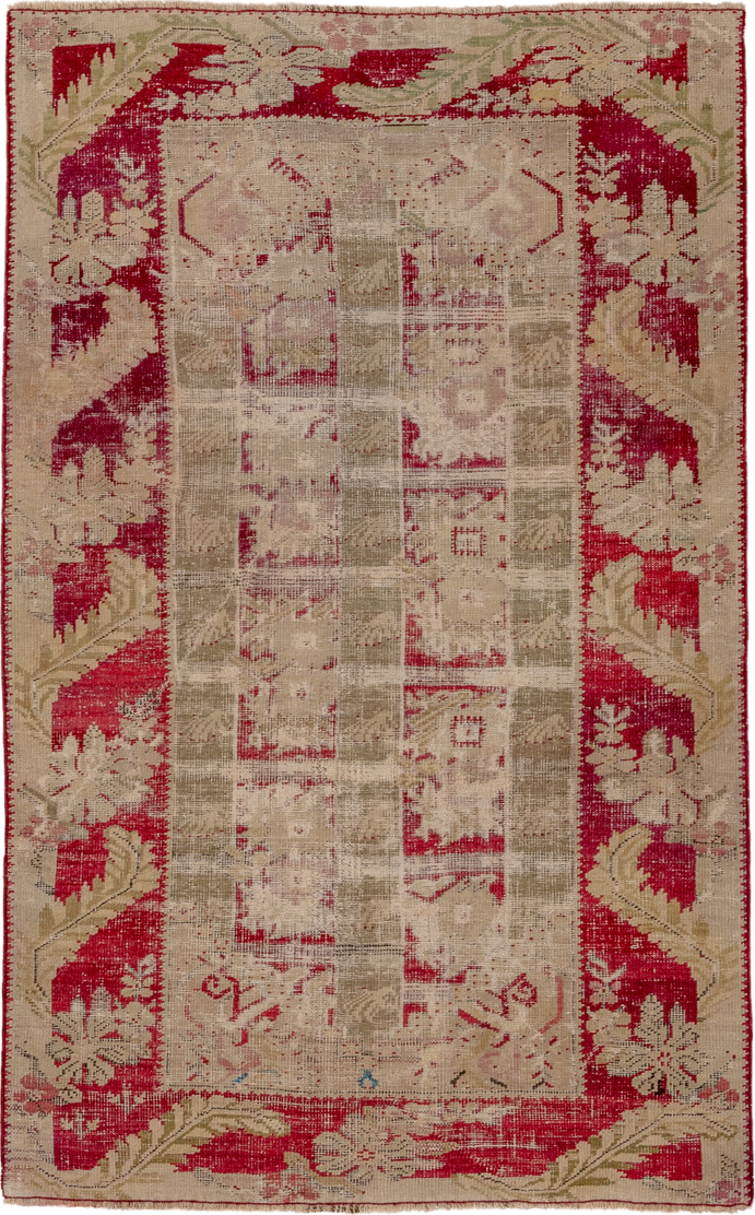 3' x 5' one-of-a-kind handmade vintage Ghordes small size rug. Color palette: brown, pink, red