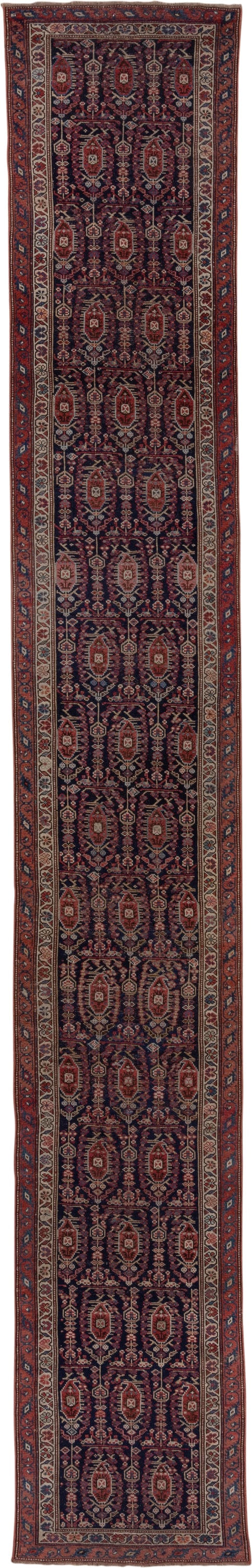 2' x 17' one-of-a-kind handmade antique NW Persian runner rug. Color palette: navy, rust, ivory, crimson, slate, camel, blue